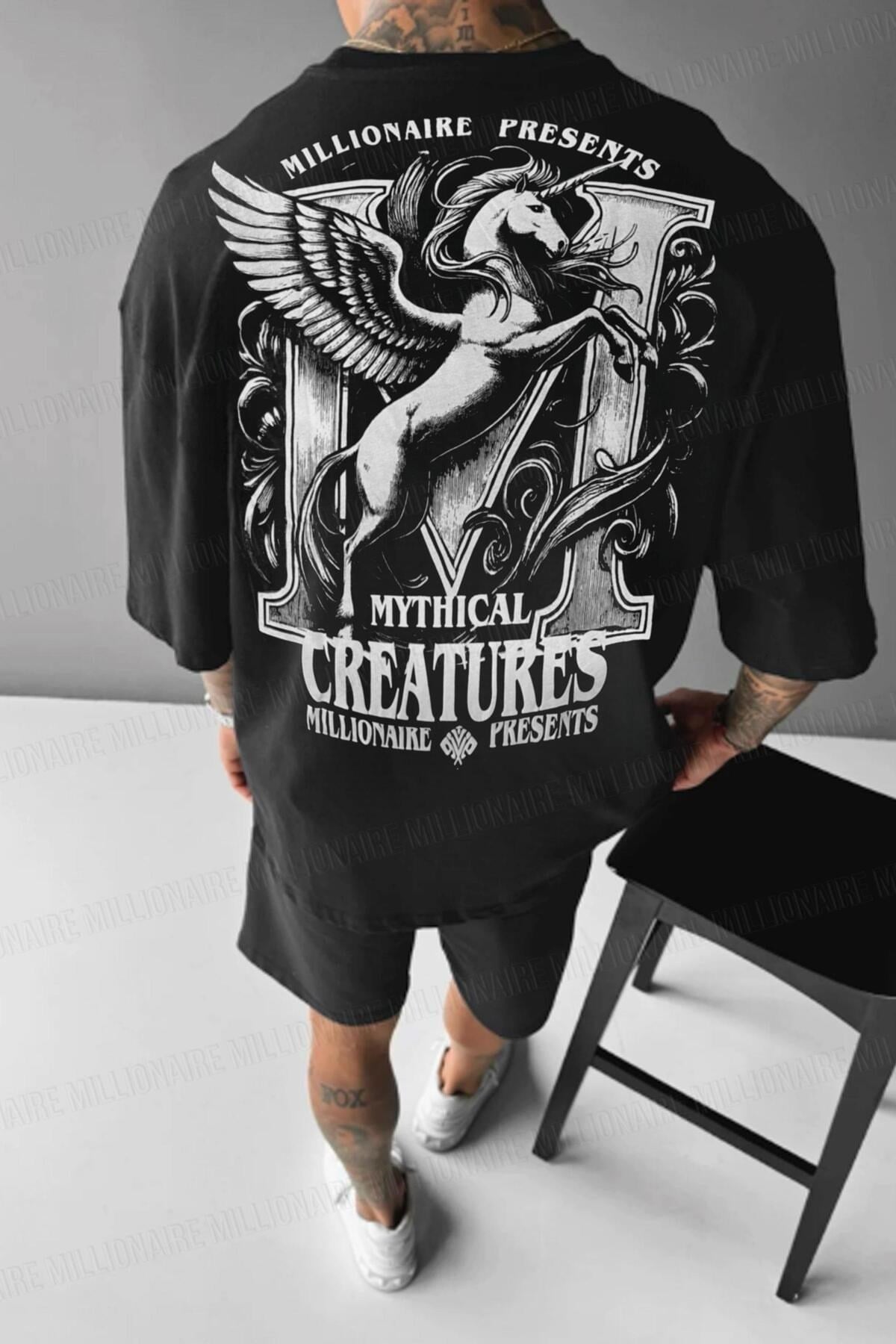 Erkek Siyah Creatures Oversize Fit Bol Geniş Kalıp Salaş Kesim T-shirt