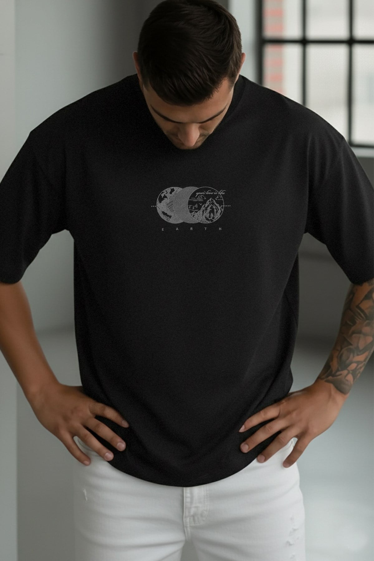 Erkek Siyah Earth Oversize Fit Bol Geniş Kalıp Salaş Kesim T-shirt