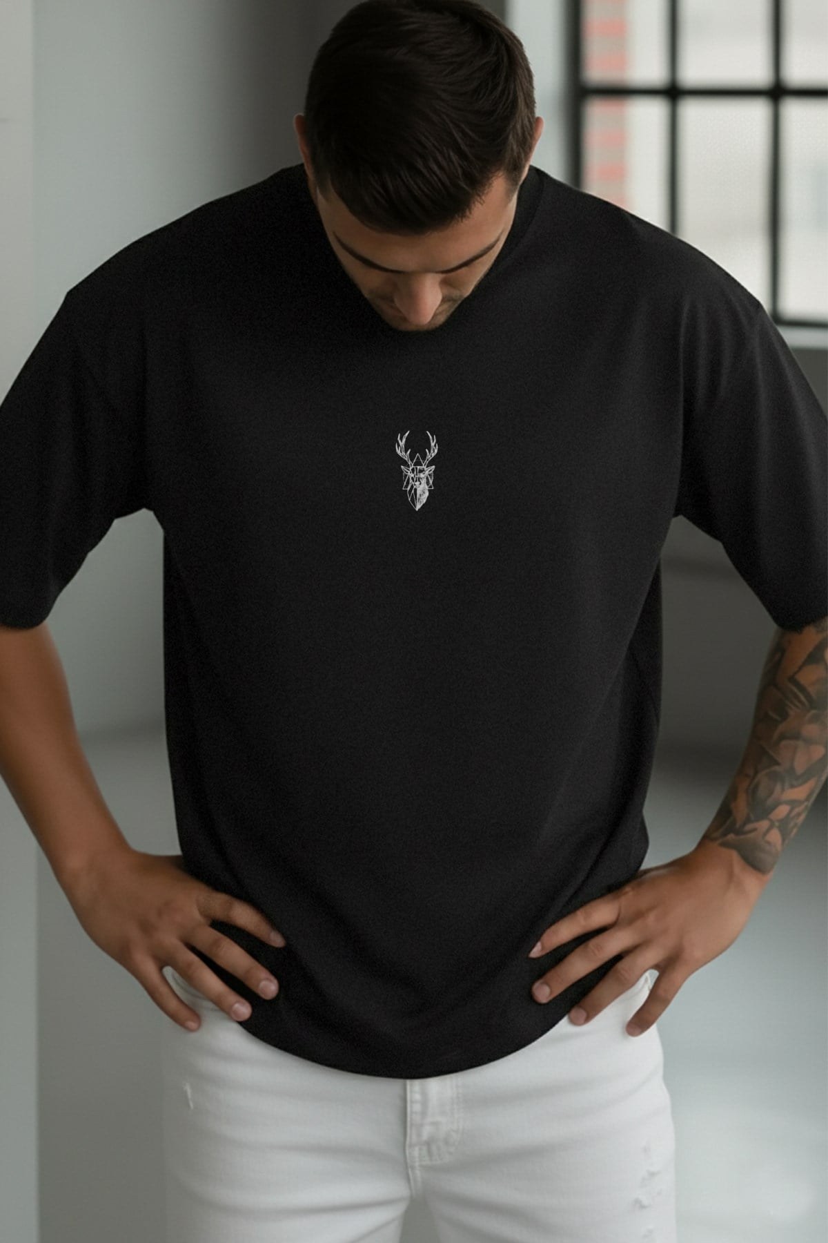 Erkek Siyah Geyik Baskılı Oversize Fit Bol Geniş Kalıp Salaş Kesim T-shirt