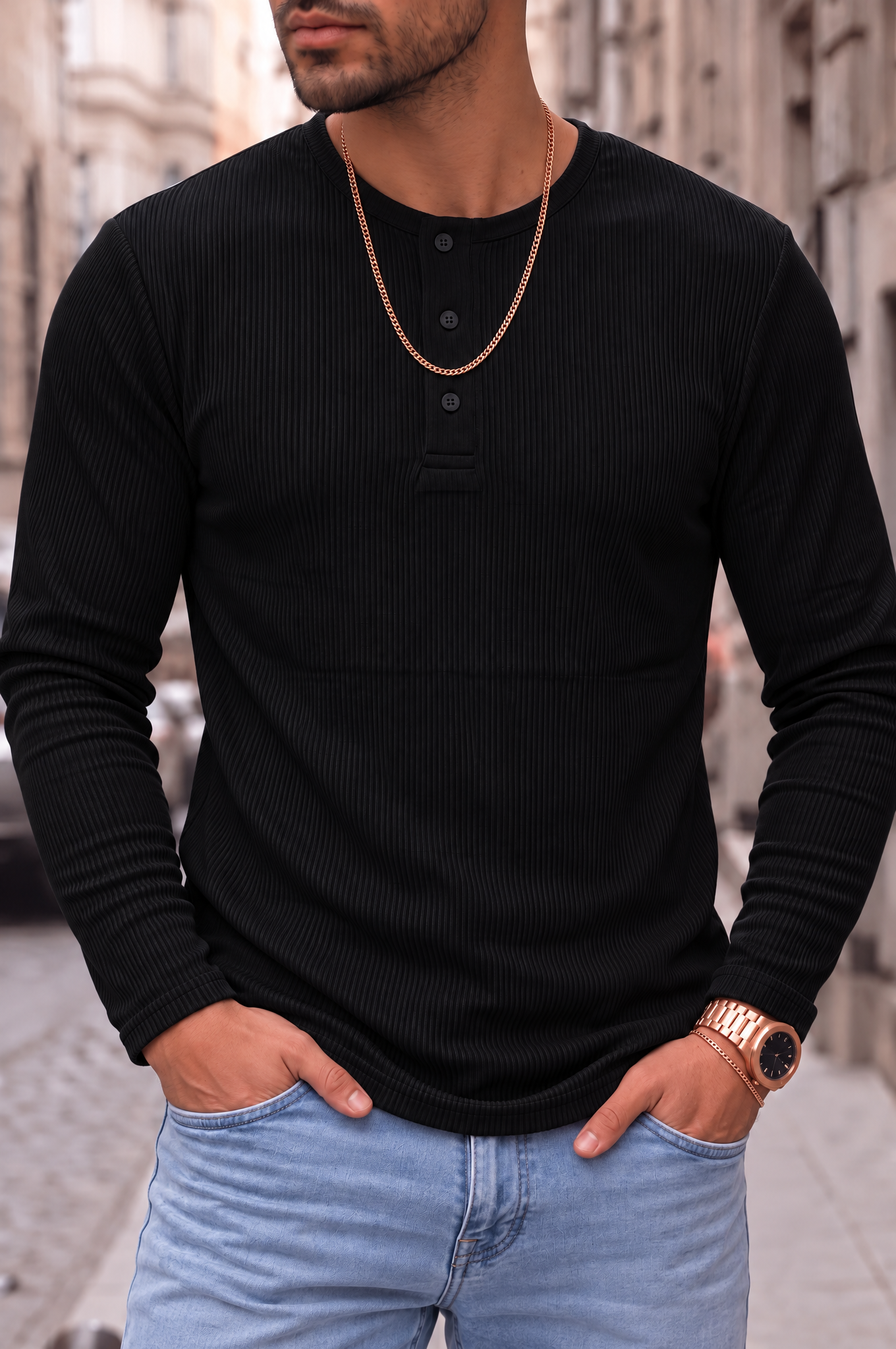 Erkek Siyah Henley Yaka Uzun Kollu Tişört Üç Düğmeli Patlı Fitilli Regular T-shirt