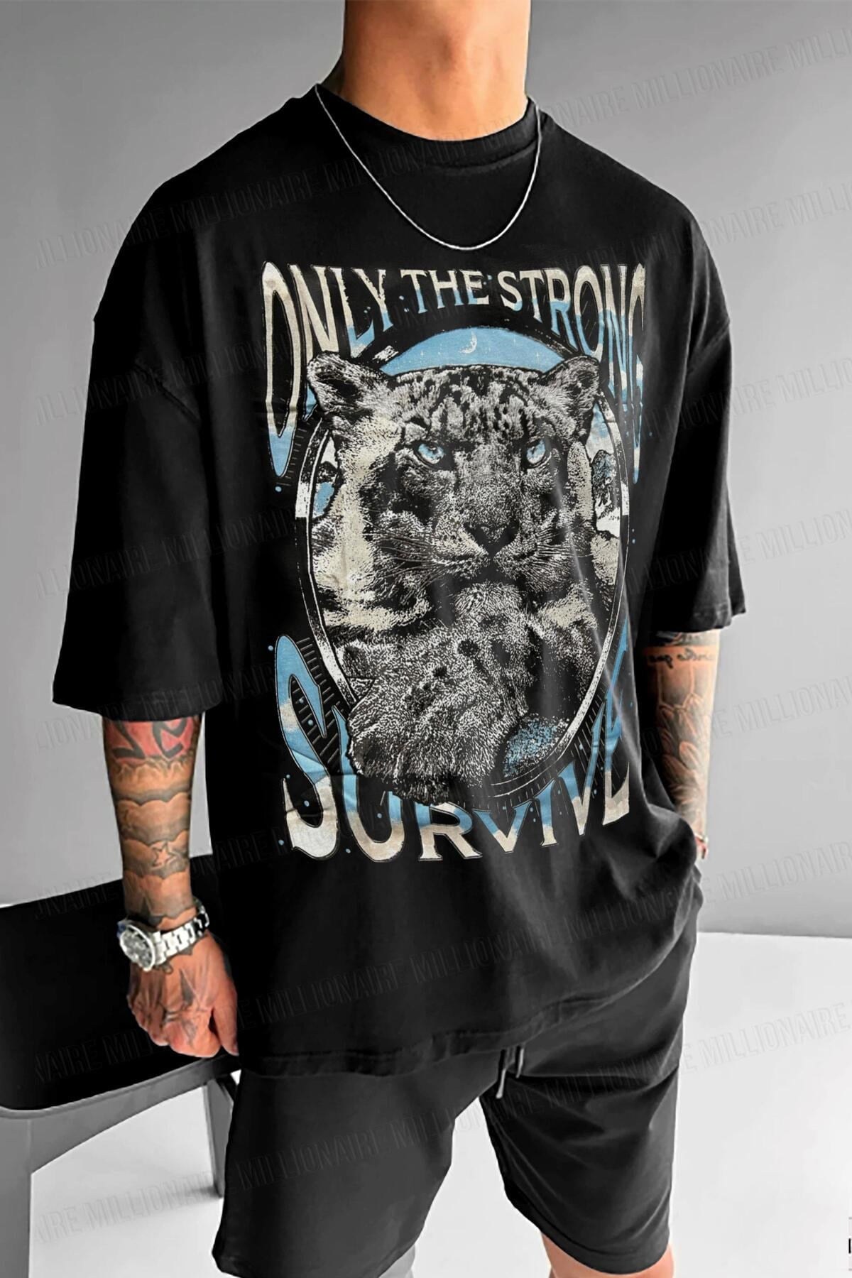 Erkek Siyah Survive Oversize Fit Bol Geniş Kalıp Salaş Kesim T-shirt