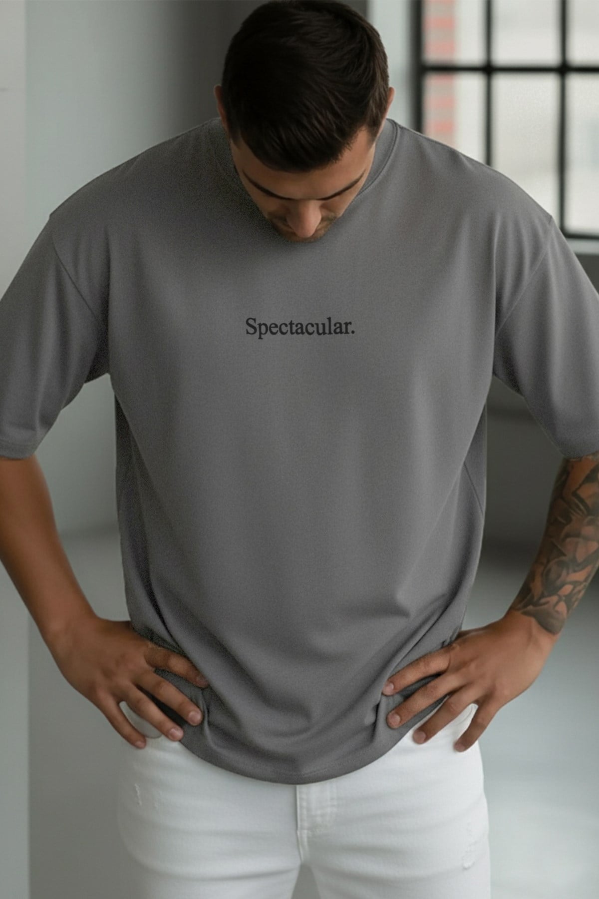 Erkek Spectacular Gri Oversize Salas T-Shirt