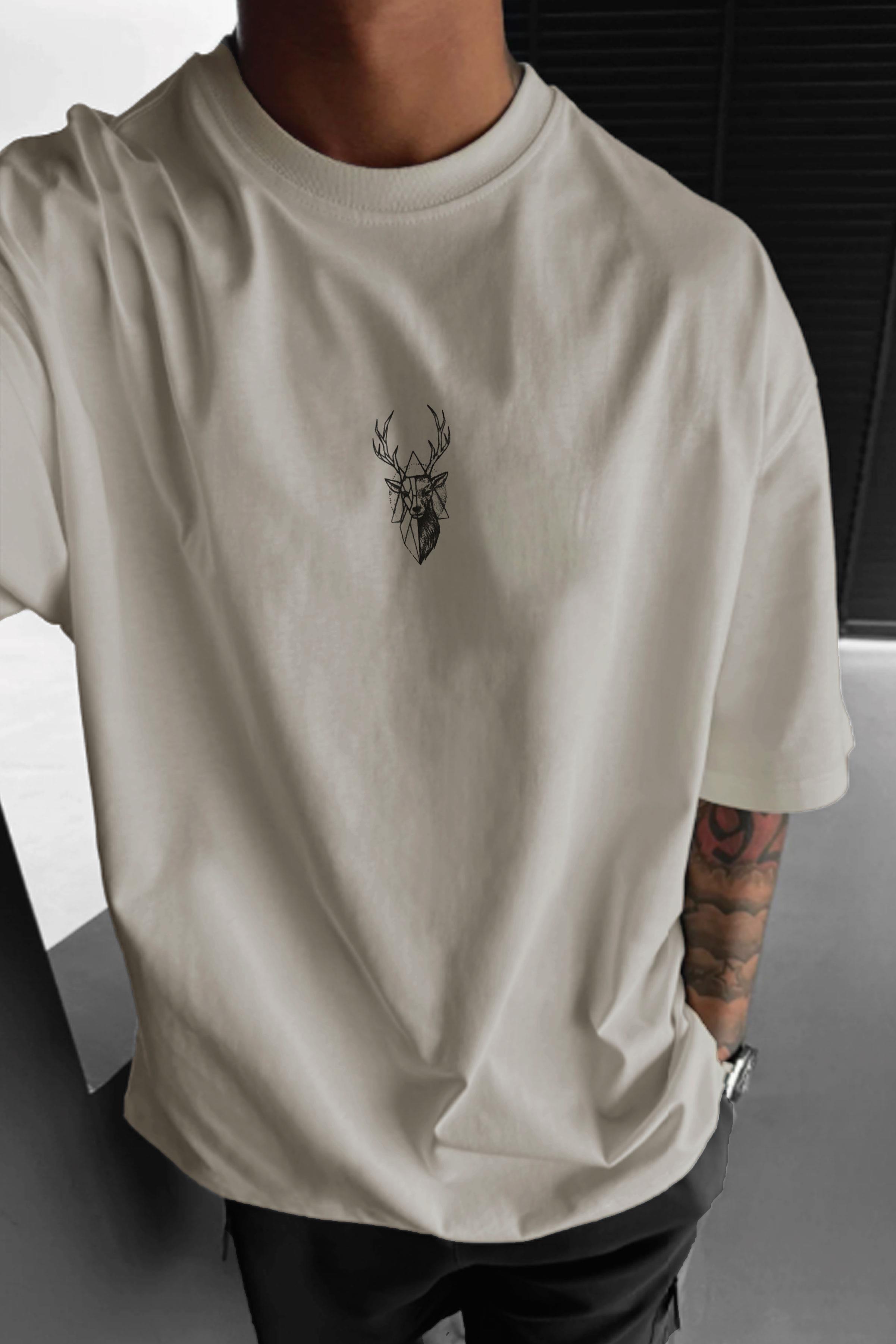 Erkek Taş Geyik Baskılı Oversize Fit Bol Geniş Kalıp Salaş Kesim T-shirt