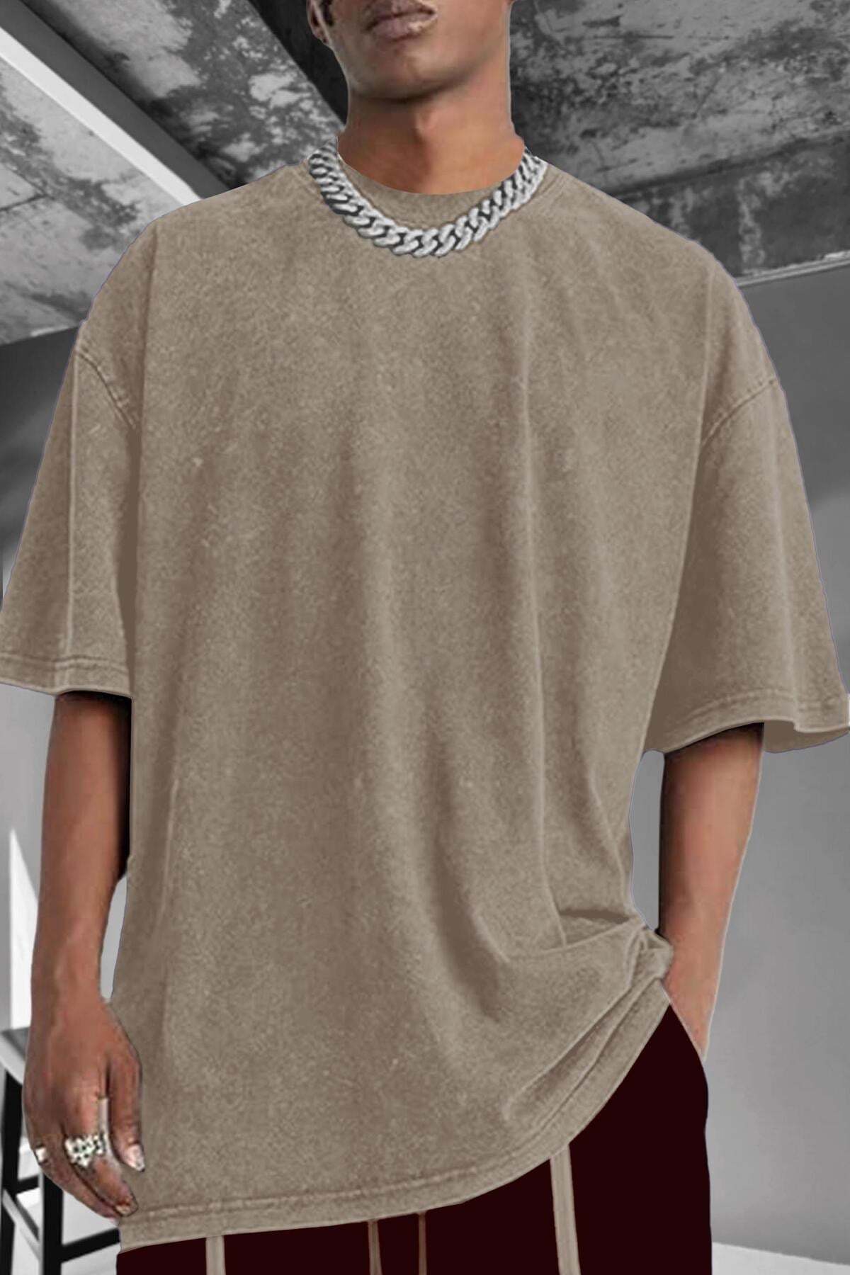 Erkek Taş Oversize Asit Yıkamalı Eskitme Efektli Boyalı T-Shirt