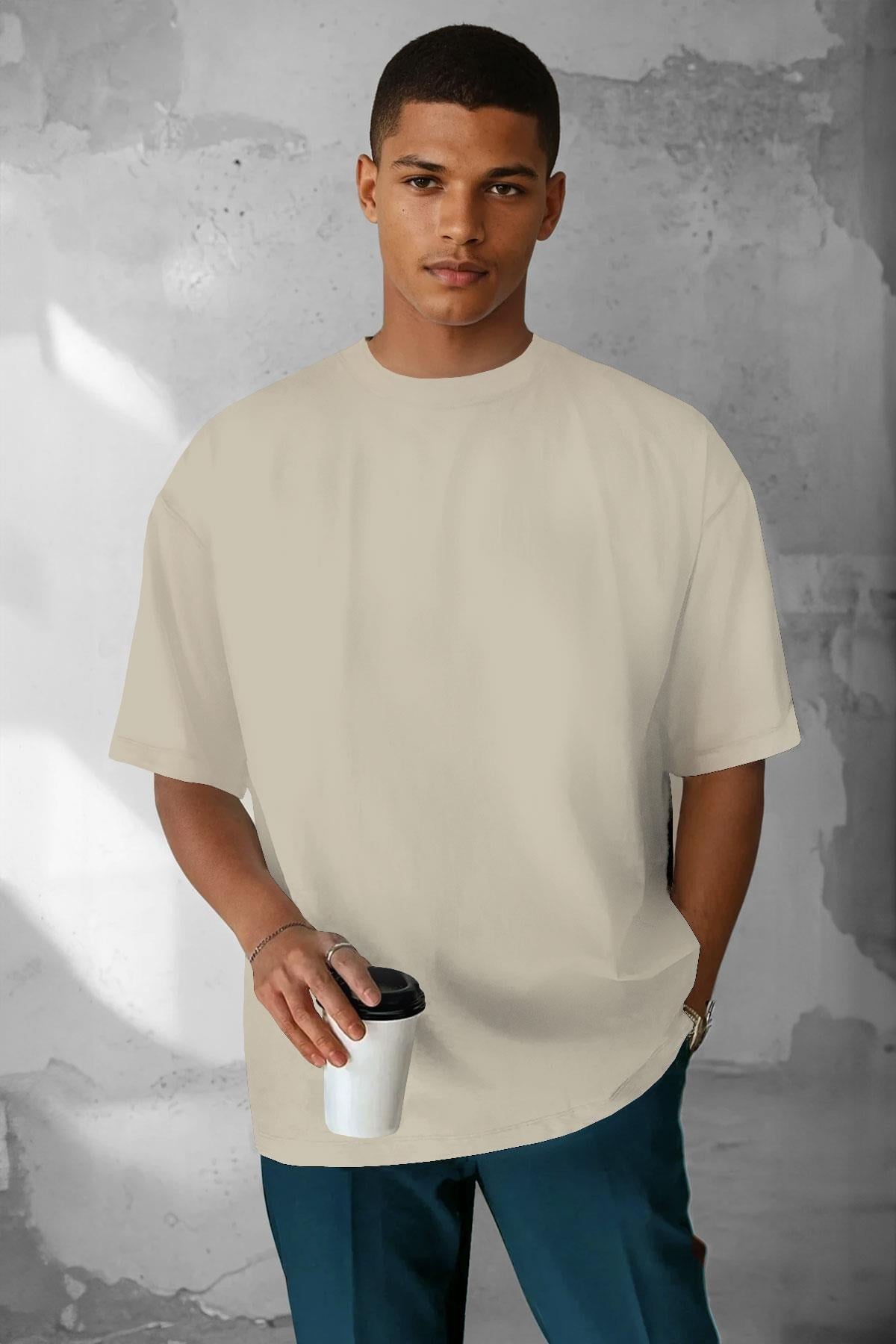 Erkek Taş Renk Basic Düz Baskısız Oversize Salas Boyfriend T-Shirt