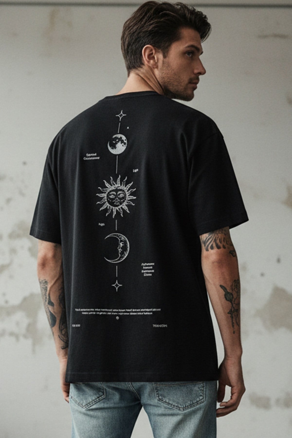 Erkek The Moon Siyah Bisiklet Yaka Oversize Salas T-Shirt