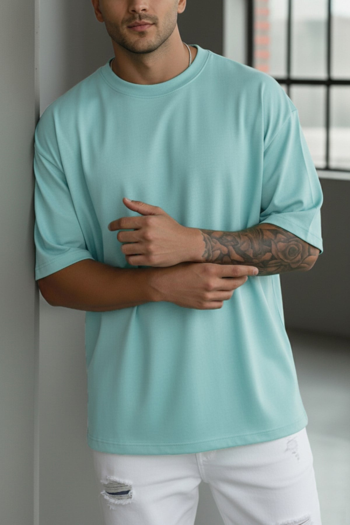 Erkek Turkuaz Basic Düz Baskısız Oversize Salas T-Shirt