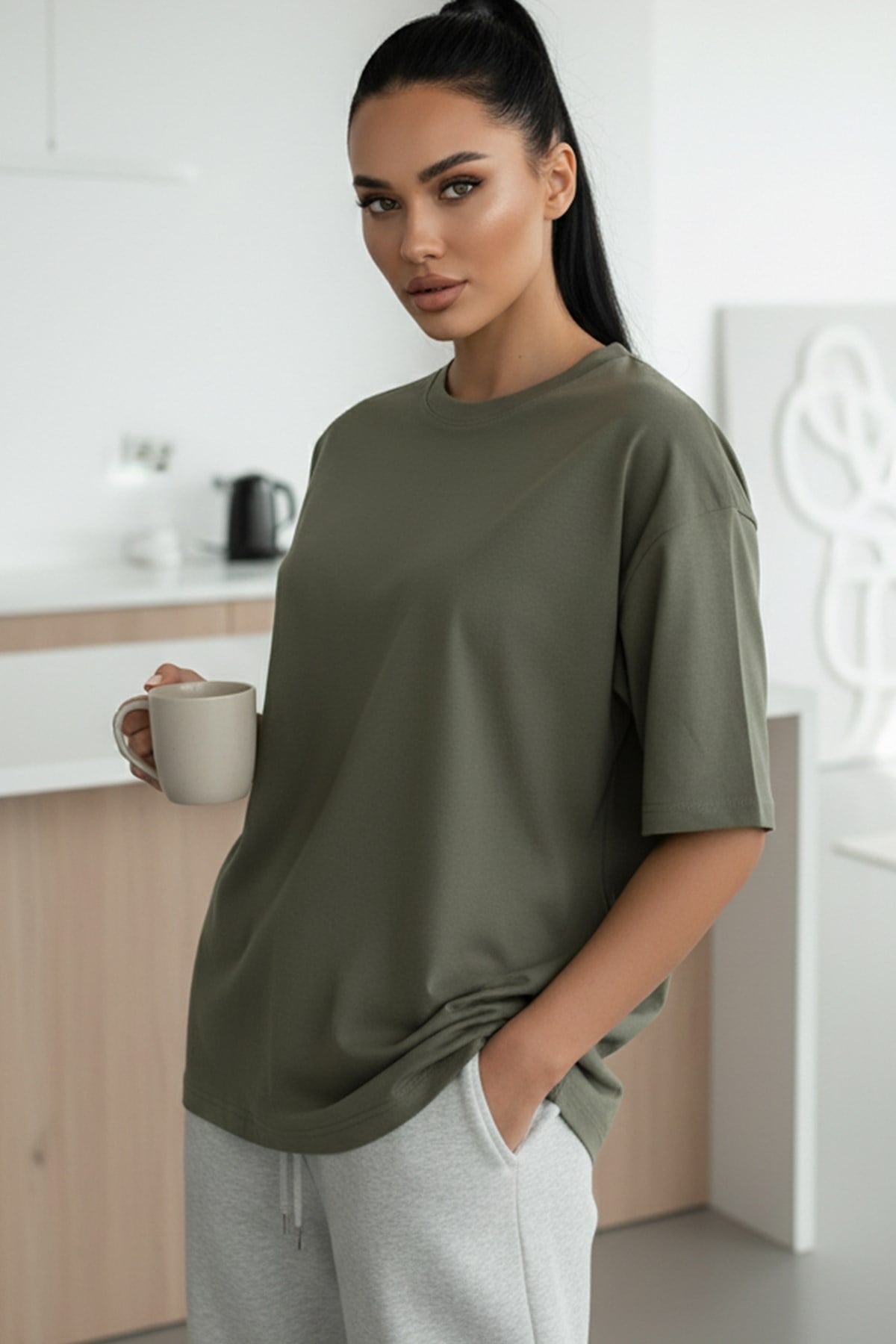 Haki Basic Düz Baskısız Oversize Salas Boyfriend Kadın T-Shirt