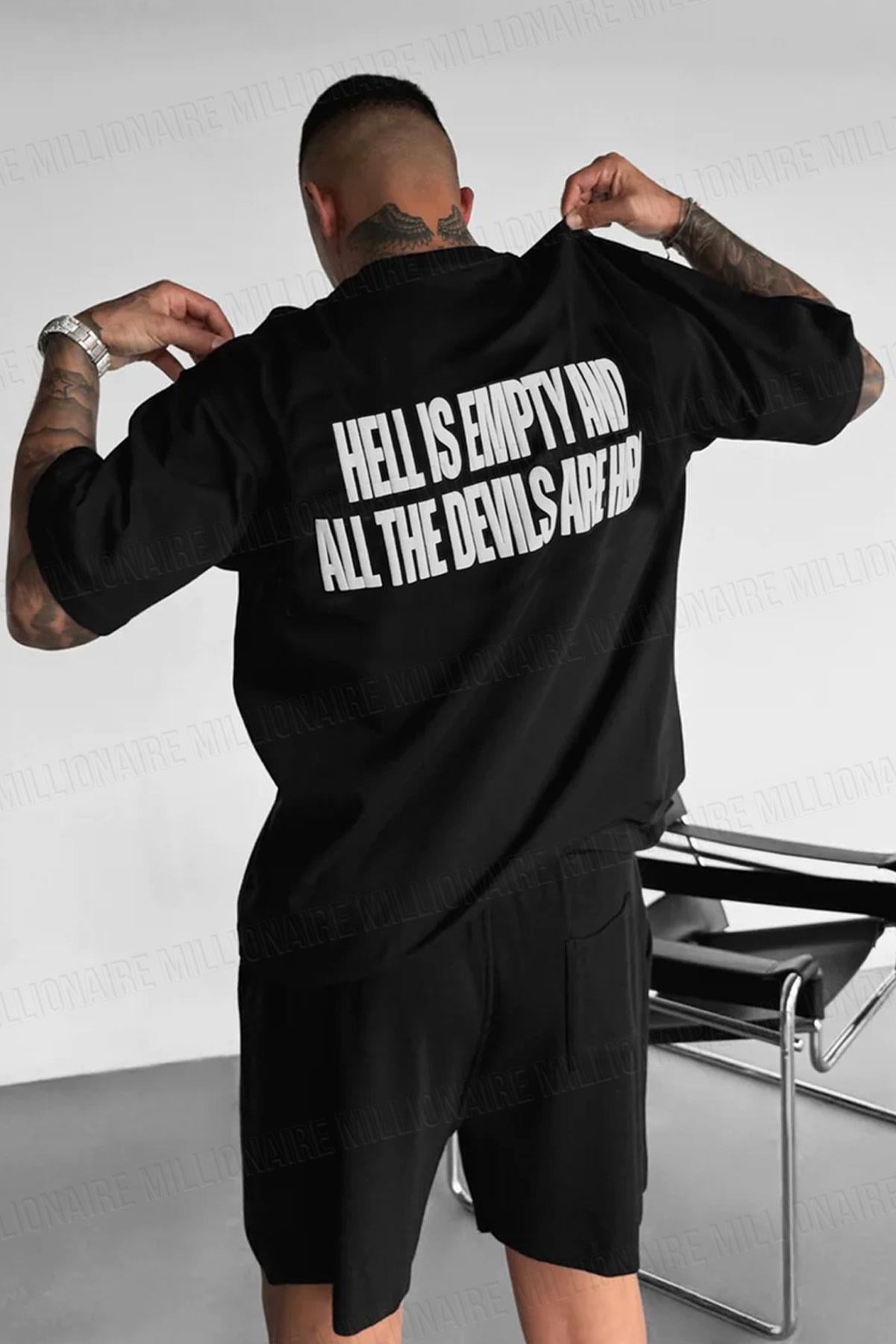 Hell & Devil Kabaran Baskı Bisiklet Yaka Oversize Salas T-Shirt