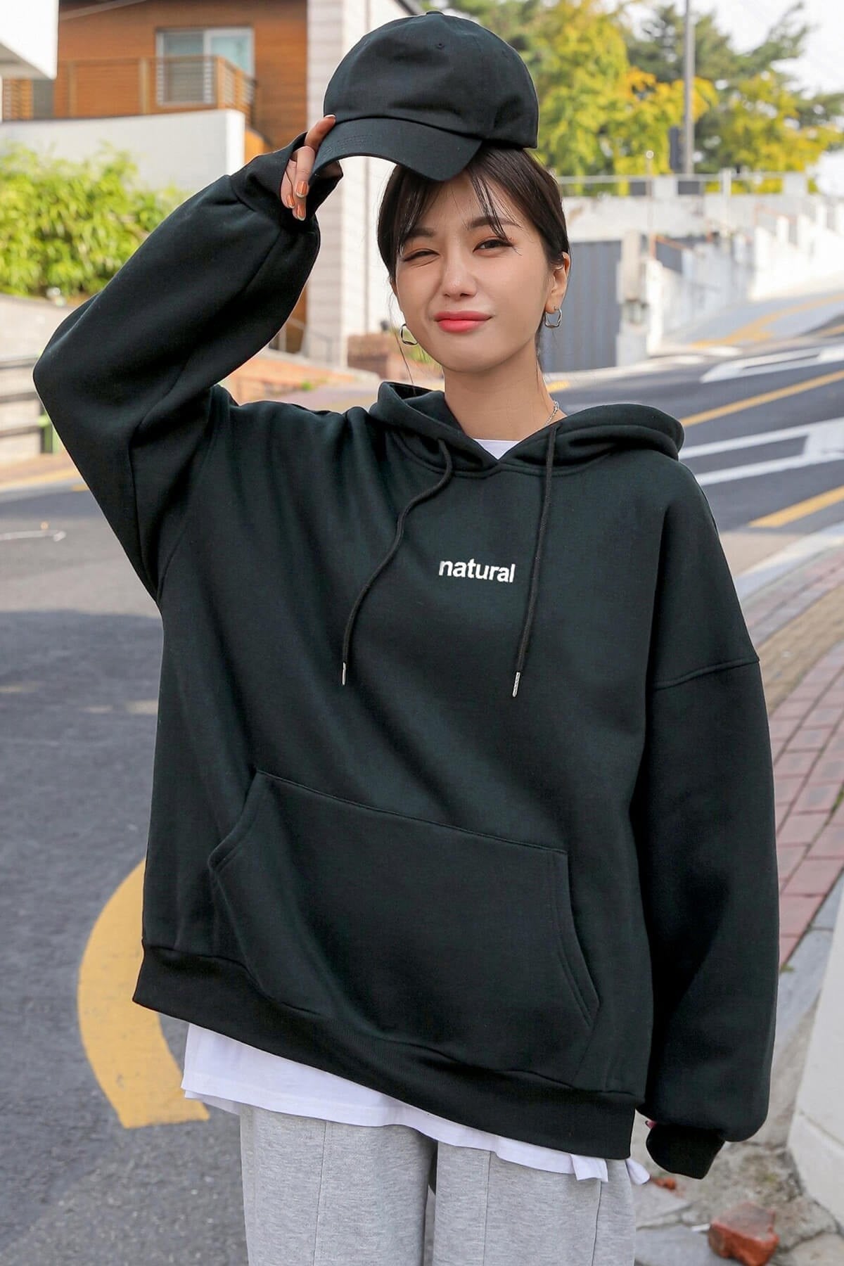 Kadın Antrasit Natural 3 iplik Şardonlu Kapüşonlu Kanguru Cepli Oversize Salaş Hoodie Sweatshirt