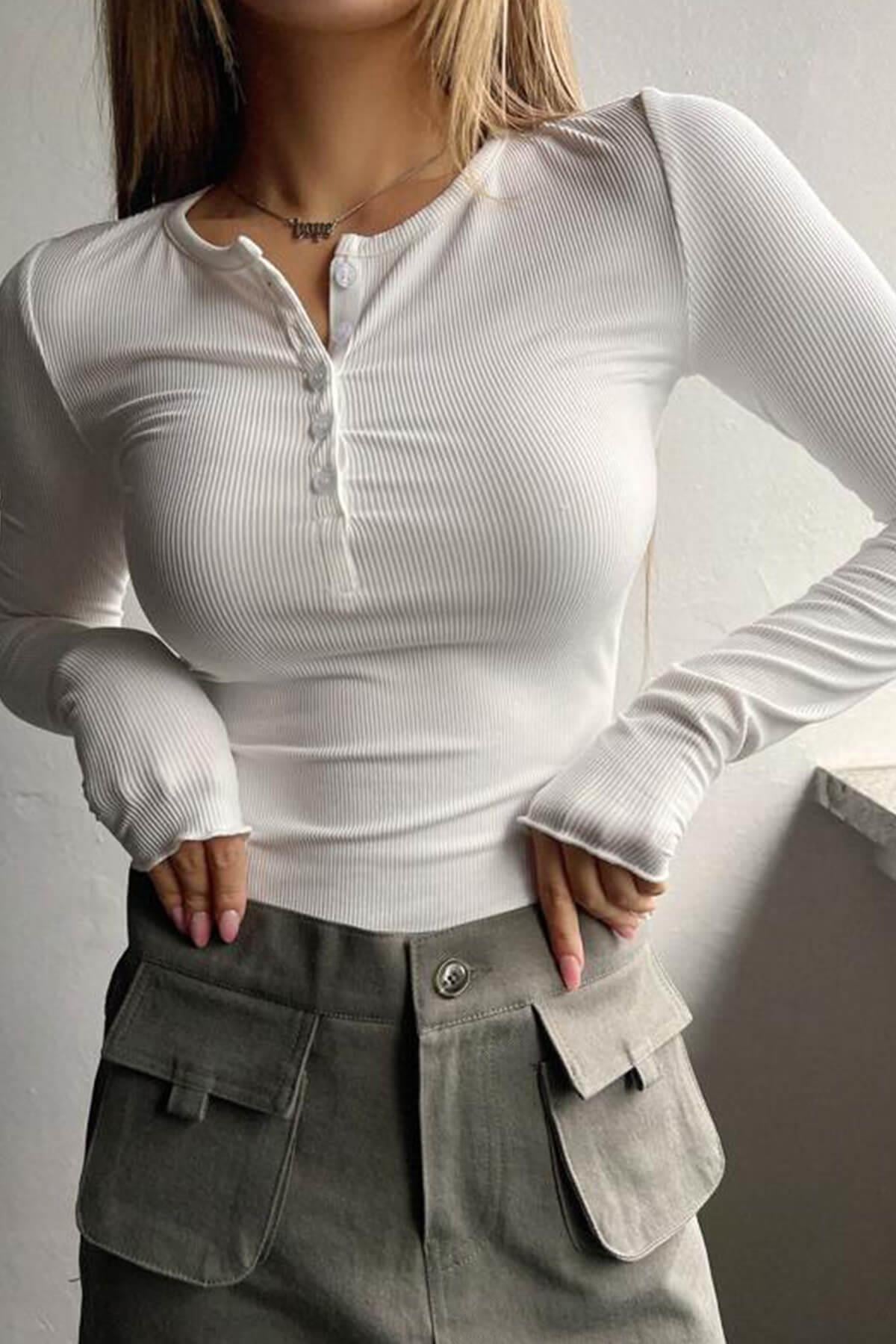 Kadın Beyaz Düğme Detaylı Patlı Düğmeli Bisiklet Yaka Uzun Kollu Fitilli Kaşkorse Bluz Body