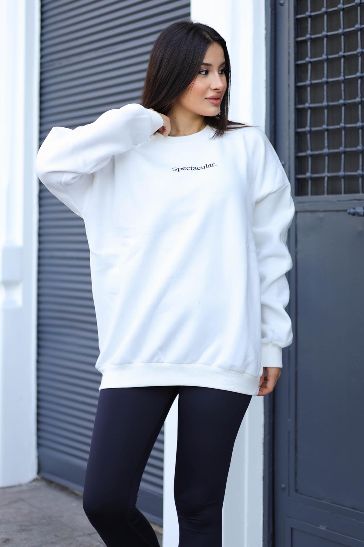Kadın Beyaz Spectacular Baskılı 0 Sıfır Yaka Oversize Salaş Bol Kesim Polar Sweatshirt