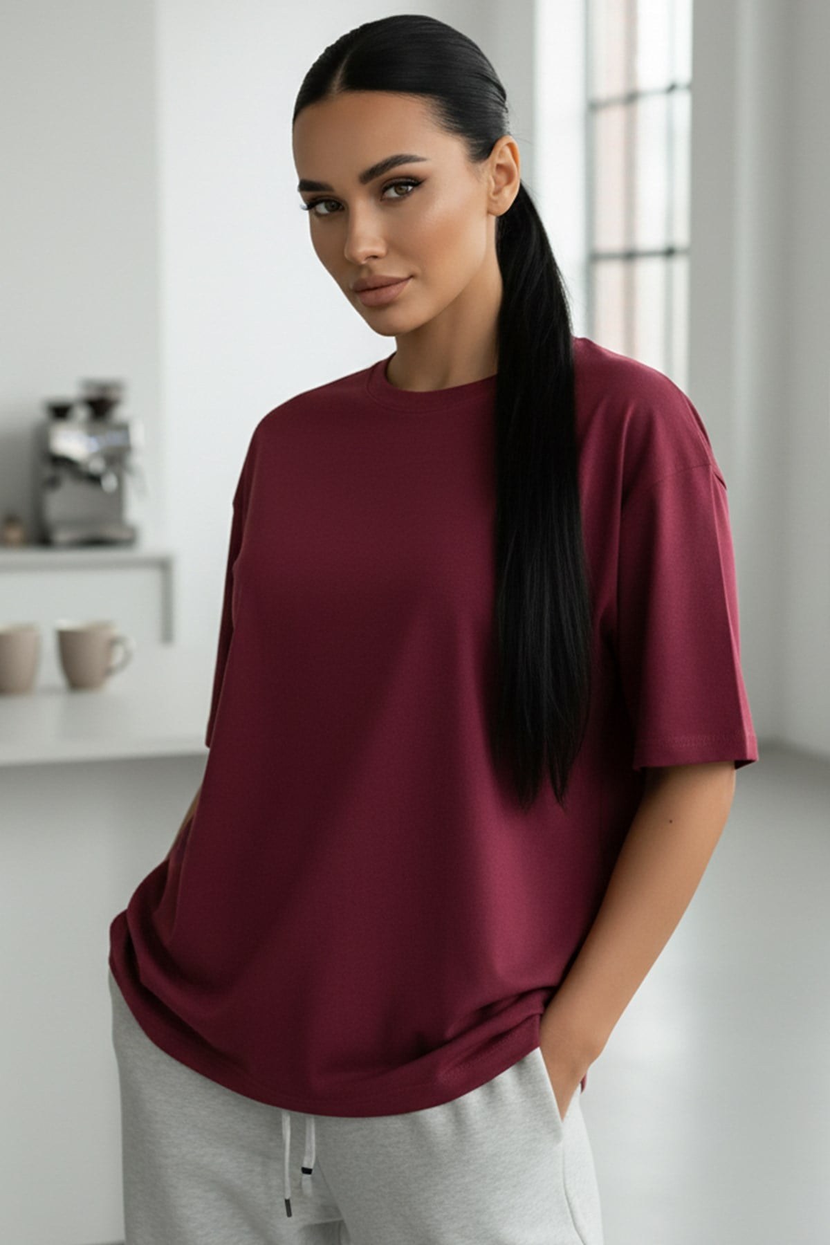 Kadın Bordo Basic Düz Baskısız Oversize Salas T-Shirt