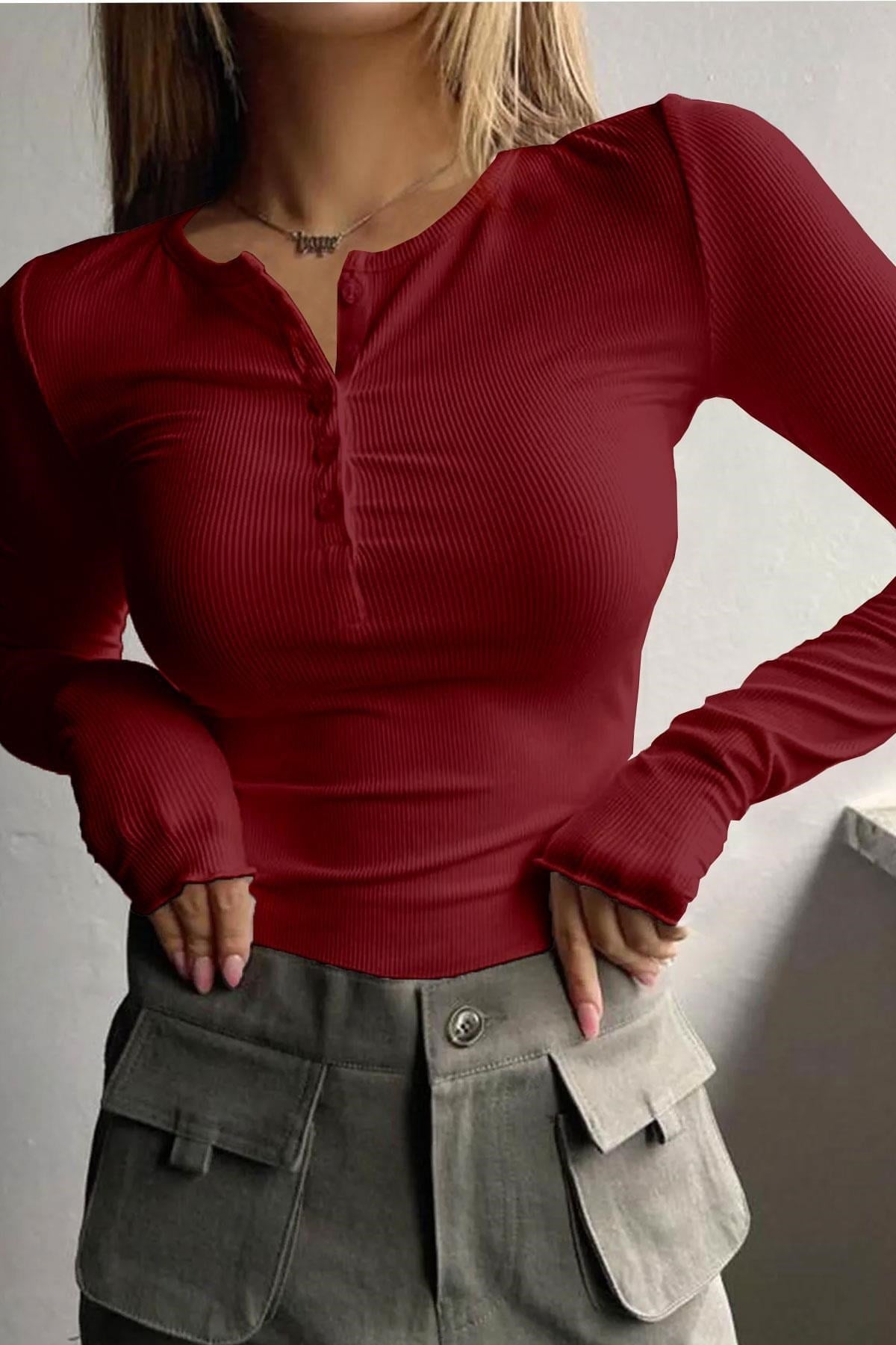 Kadın Bordo Düğme Detaylı Patlı Düğmeli Bisiklet Yaka Uzun Kollu Fitilli Kaşkorse Bluz Body
