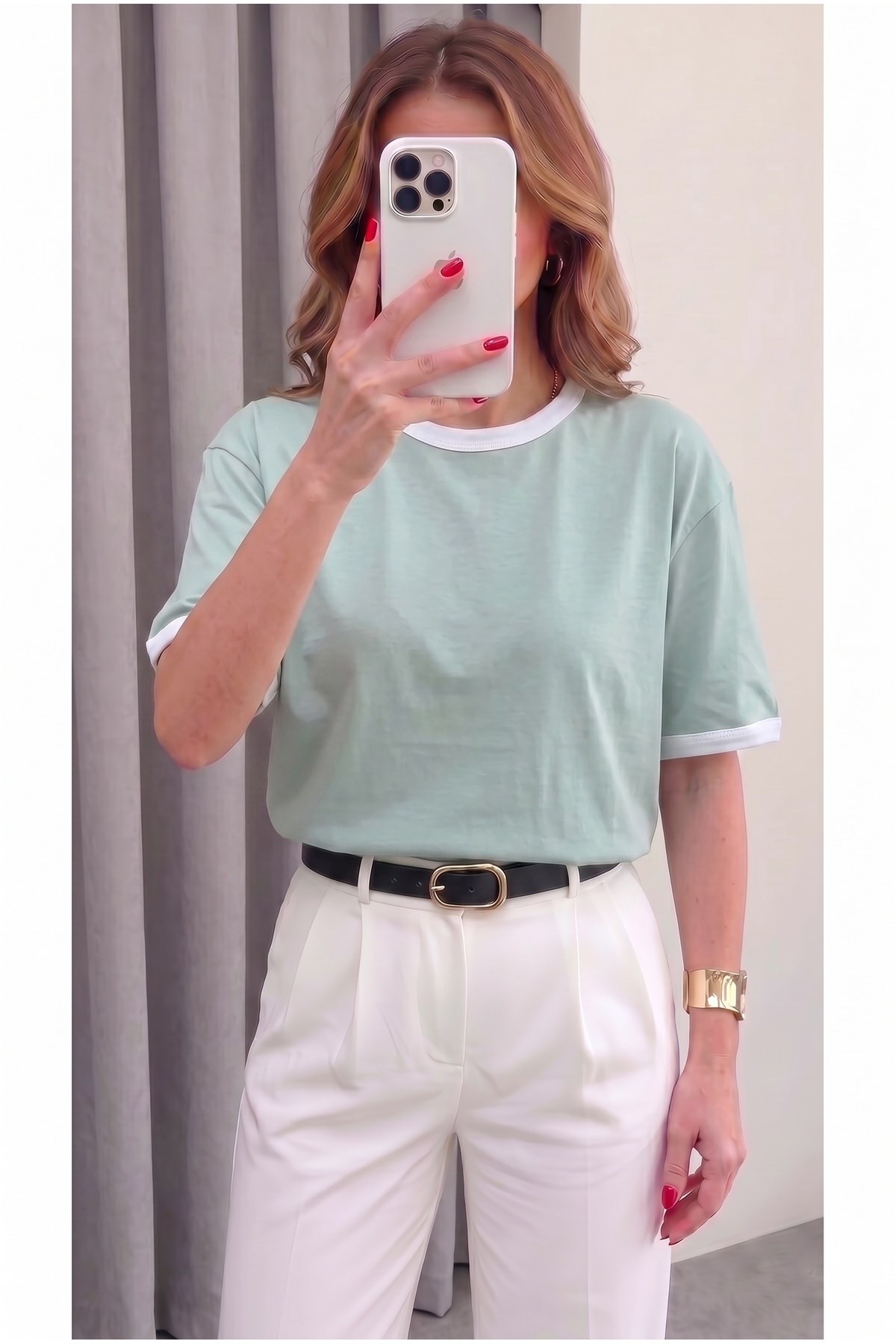 Kadın Çağla Beyaz Biye Garnili Orta Kalın Soft Kumaş Bisiklet Yaka Yarım Oversize Salaş T-shirt