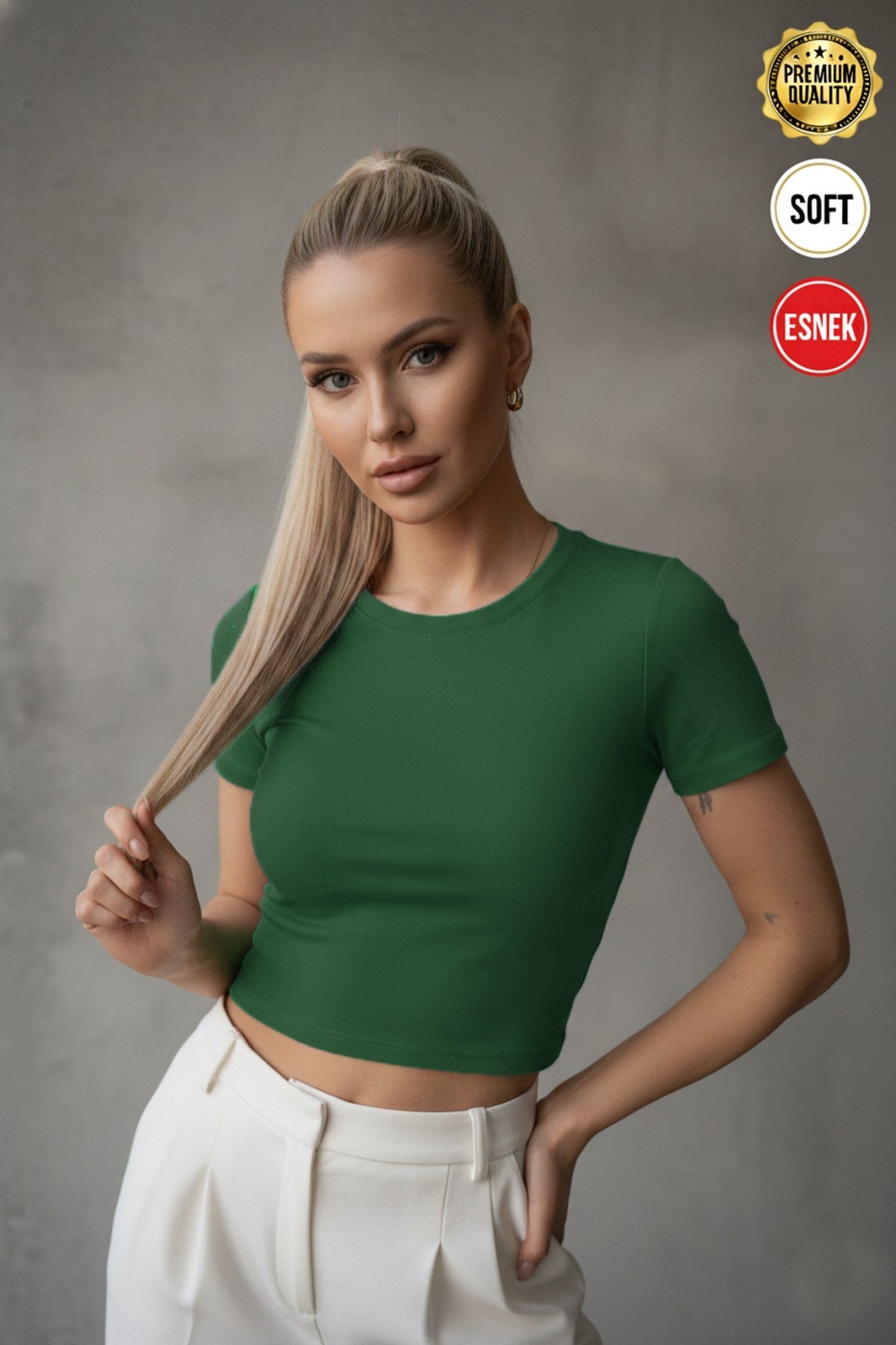 Kadın Çimen Yeşili Bisiklet Yaka Likralı Kısa Kol Body Crop Bluz
