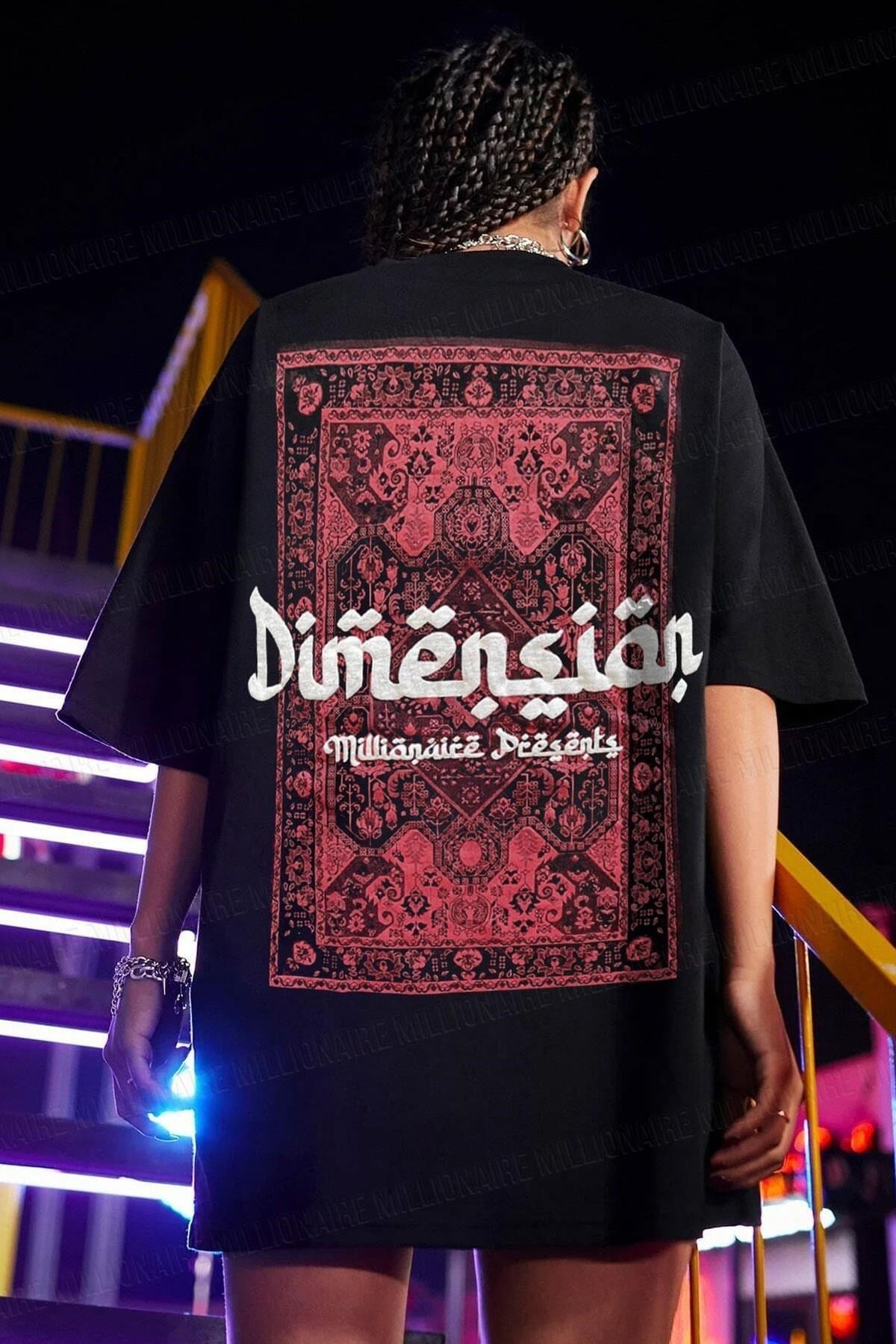 Kadın Dimension Baskılı Siyah Bisiklet Yaka Oversize Salaş T-Shirt