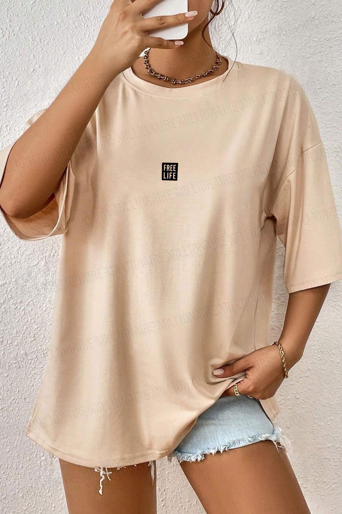 Kadın Free Life Camel Bisiklet Yaka Oversize Salas T-Shirt