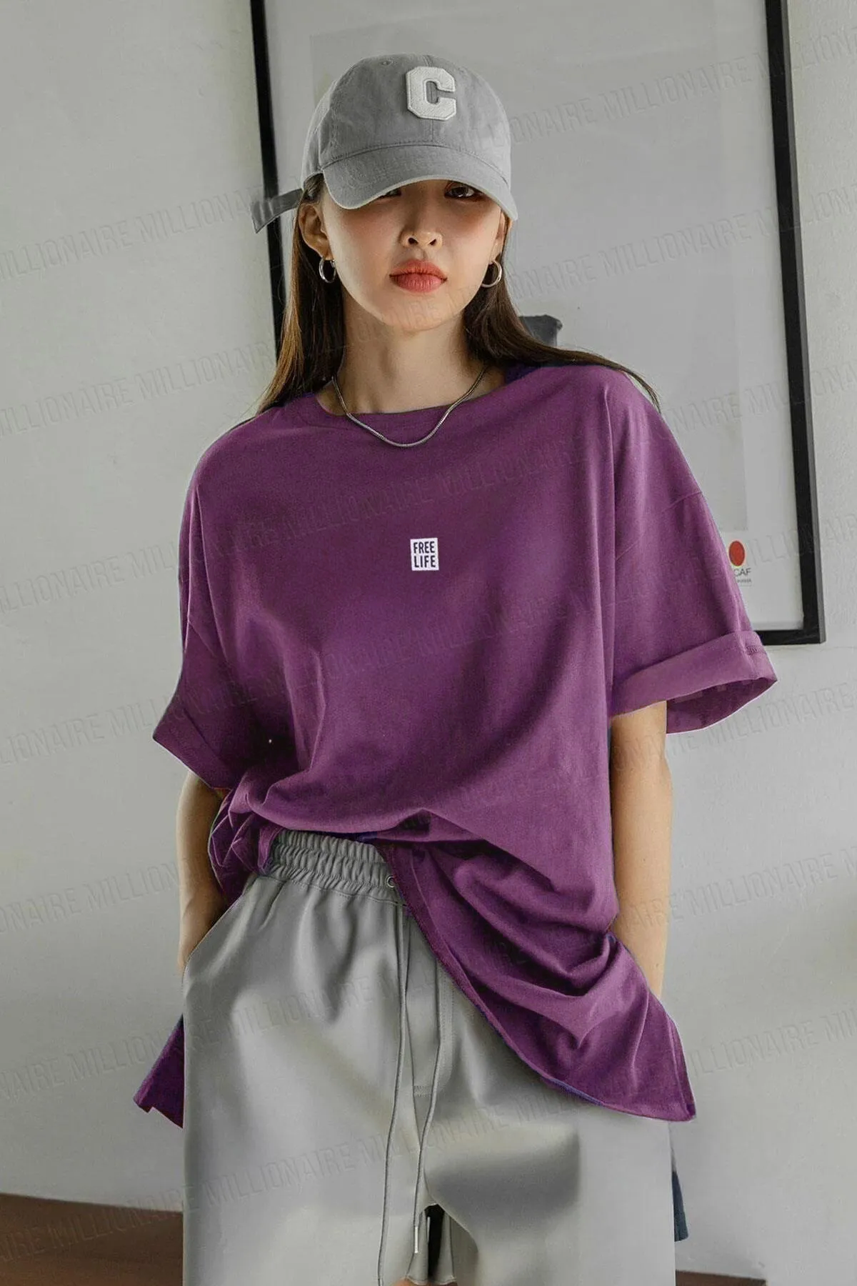 Kadın Free Life Mor Bisiklet Yaka Oversize Salas T-Shirt