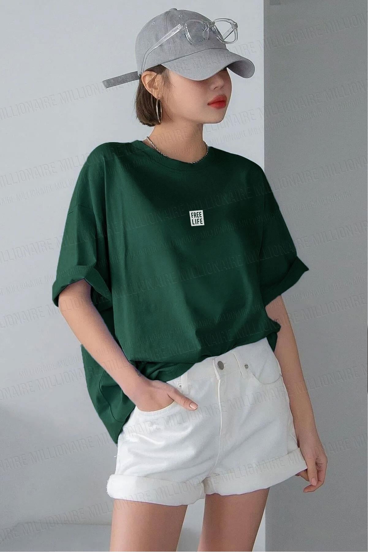 Kadın Free Life Nefti Bisiklet Yaka Oversize Salas T-Shirt