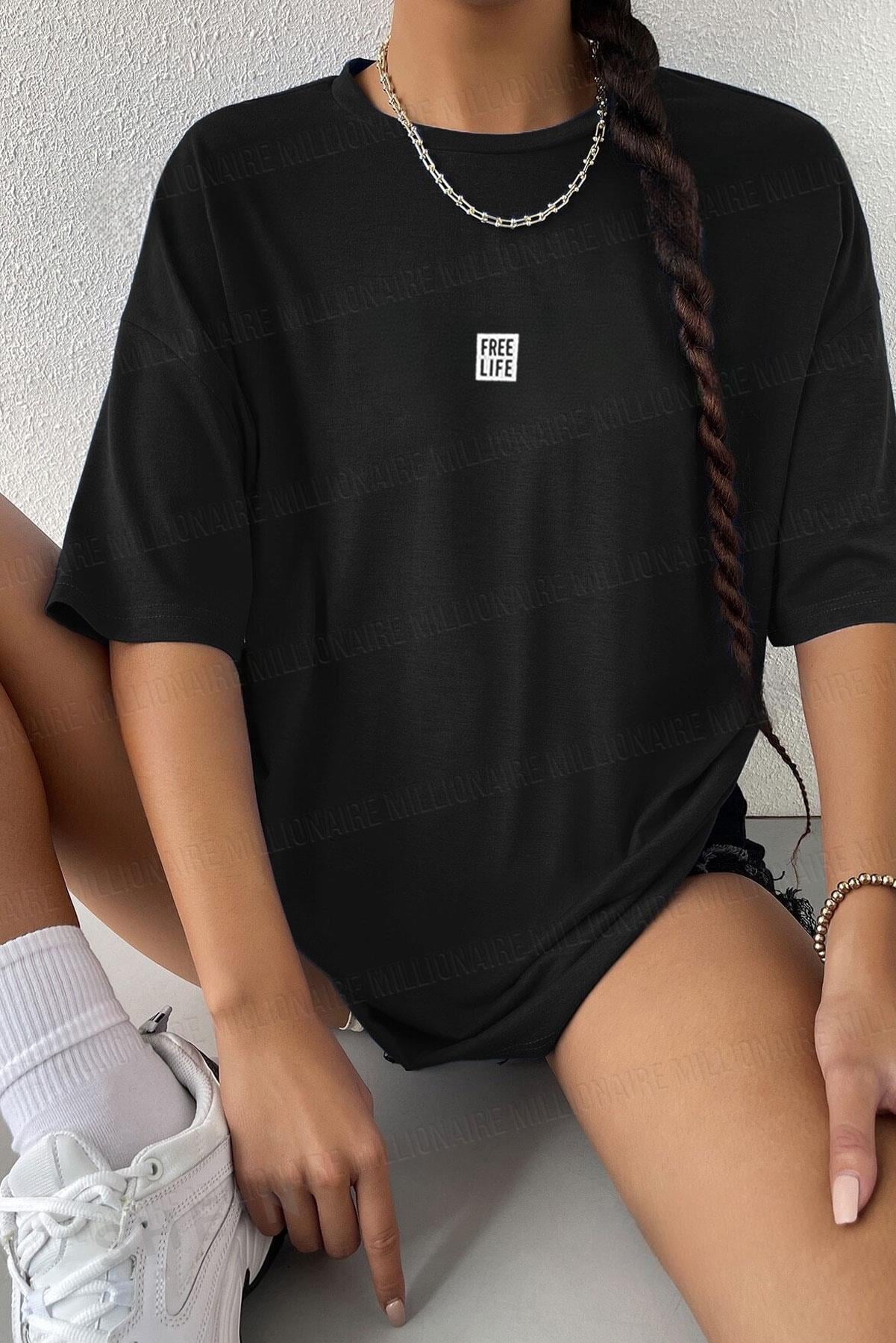 Kadın Free Life Siyah Bisiklet Yaka Oversize Salas T-Shirt