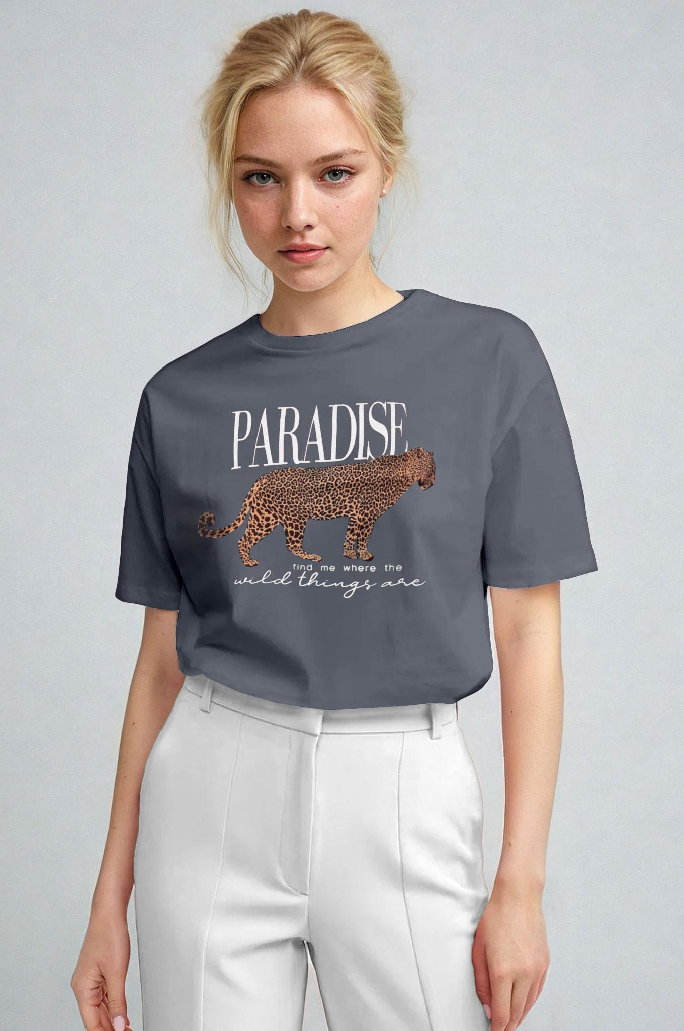 Kadın Füme Paradise Leopar Kadın Kısa Kol Relax Fit Rahat Kesim Regular T-shirt