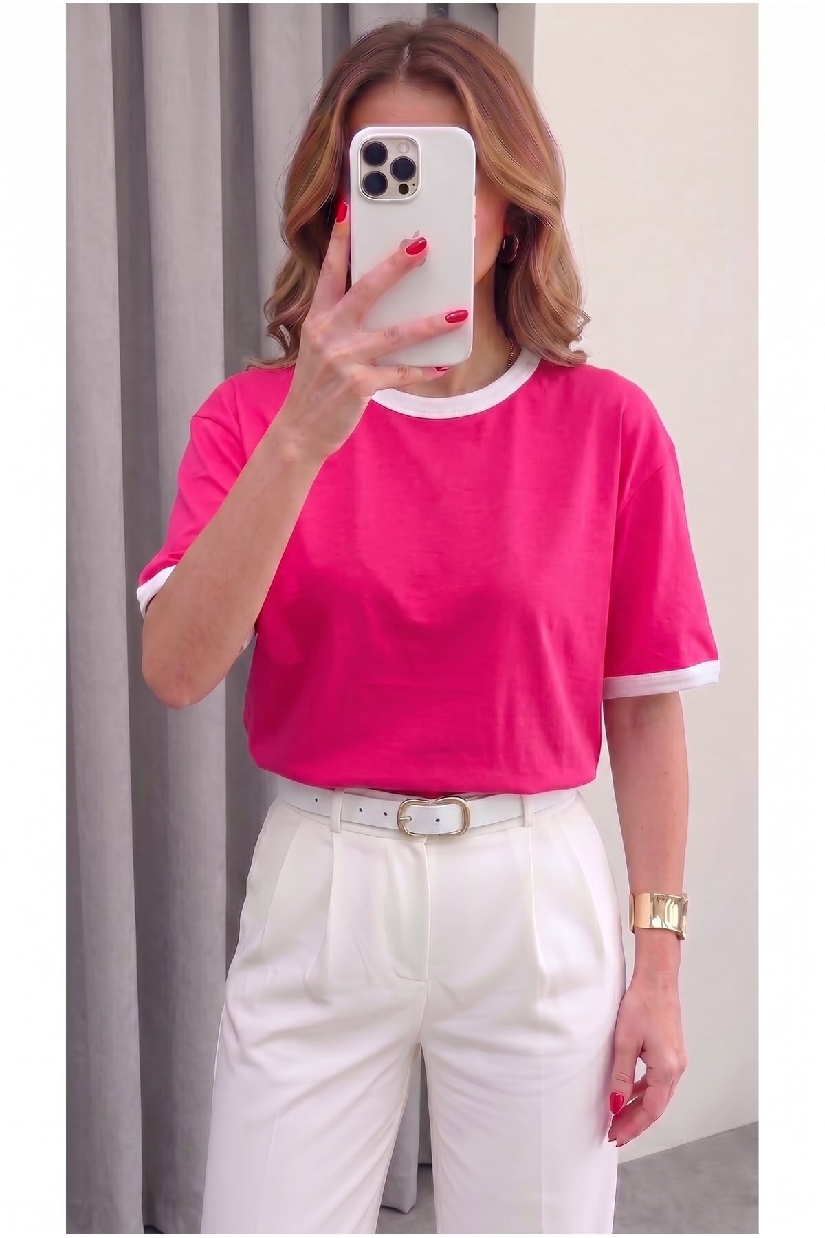 Kadın Fuşya Beyaz Biye Garnili Orta Kalın Soft Kumaş Bisiklet Yaka Yarım Oversize Salaş T-shirt