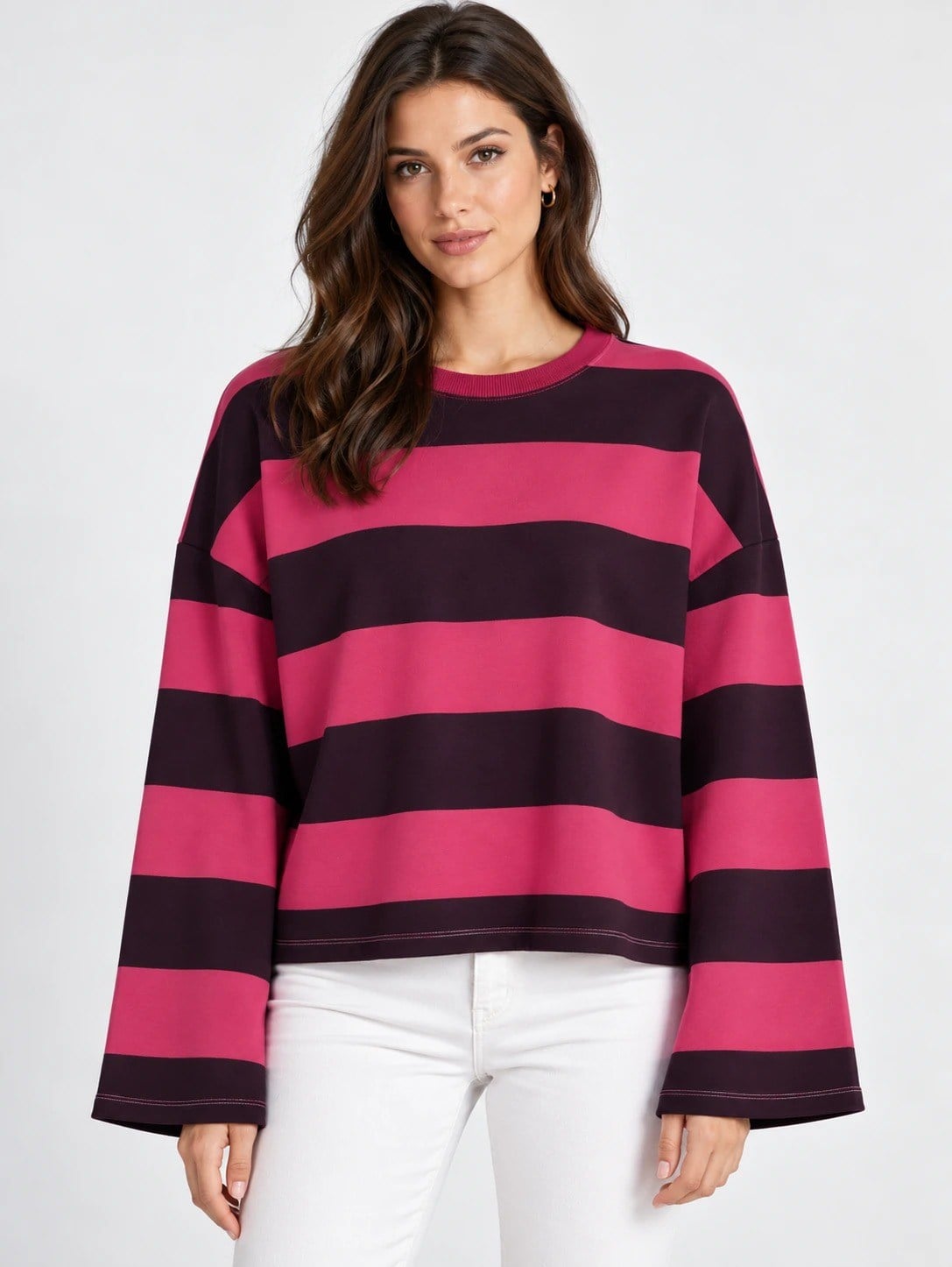 Kadın Fuşya Bordo Geniş Kol Geniş Çizgili Oversize İki İplik Sweatshirt