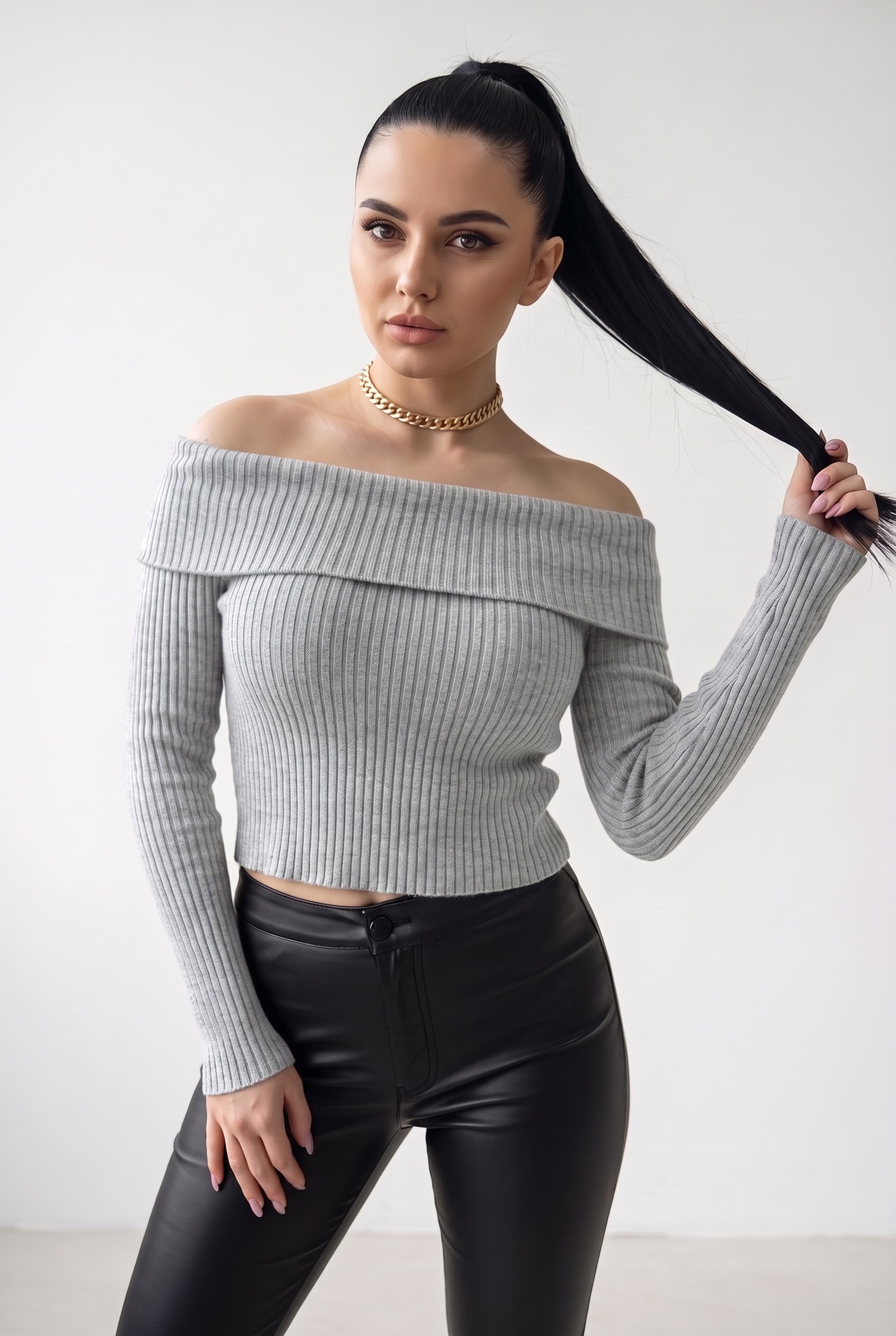 Kadın Gri Melanj Madonna Yarı Crop Fitilli Bluz Kazak