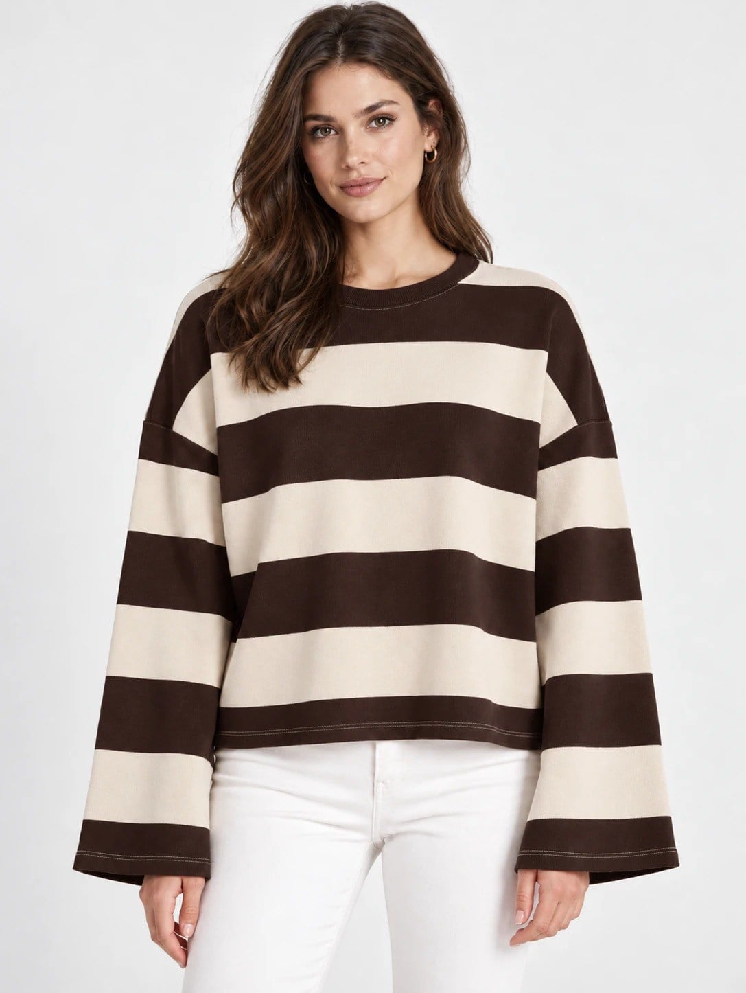 Kadın Kahve Krem Geniş Kol Geniş Çizgili Oversize İki İplik Sweatshirt