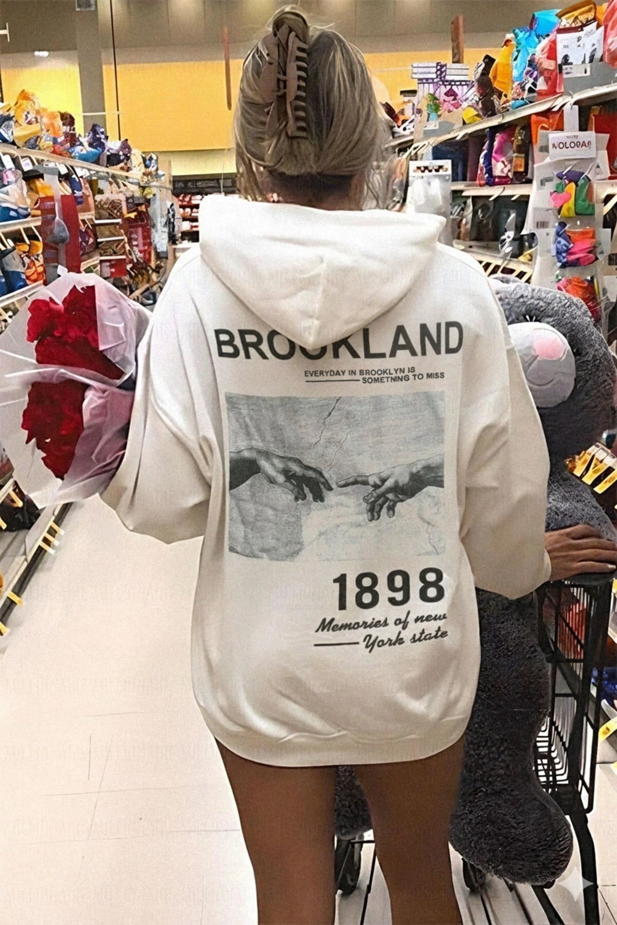 Kadın Kırık Beyaz Krem Ekru 1898 Baskılı 3 iplik Şardonlu Kapüşonlu Oversize Salaş Bol Kesim Hoodie Sweatshirt