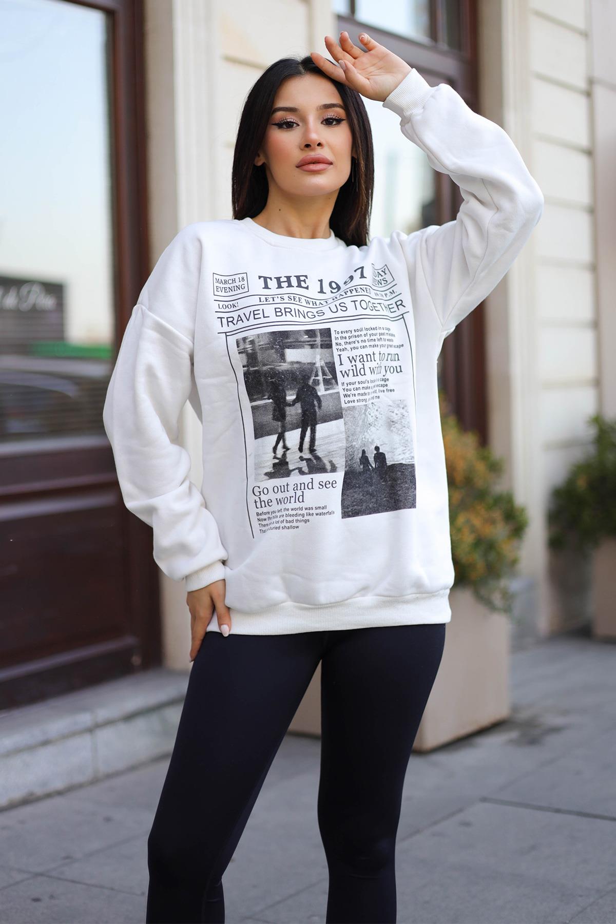 Kadın Kırık Beyaz Krem Ekru 1997 Baskılı 0 Sıfır Yaka Oversize Salaş Bol Kesim Polar Sweatshirt