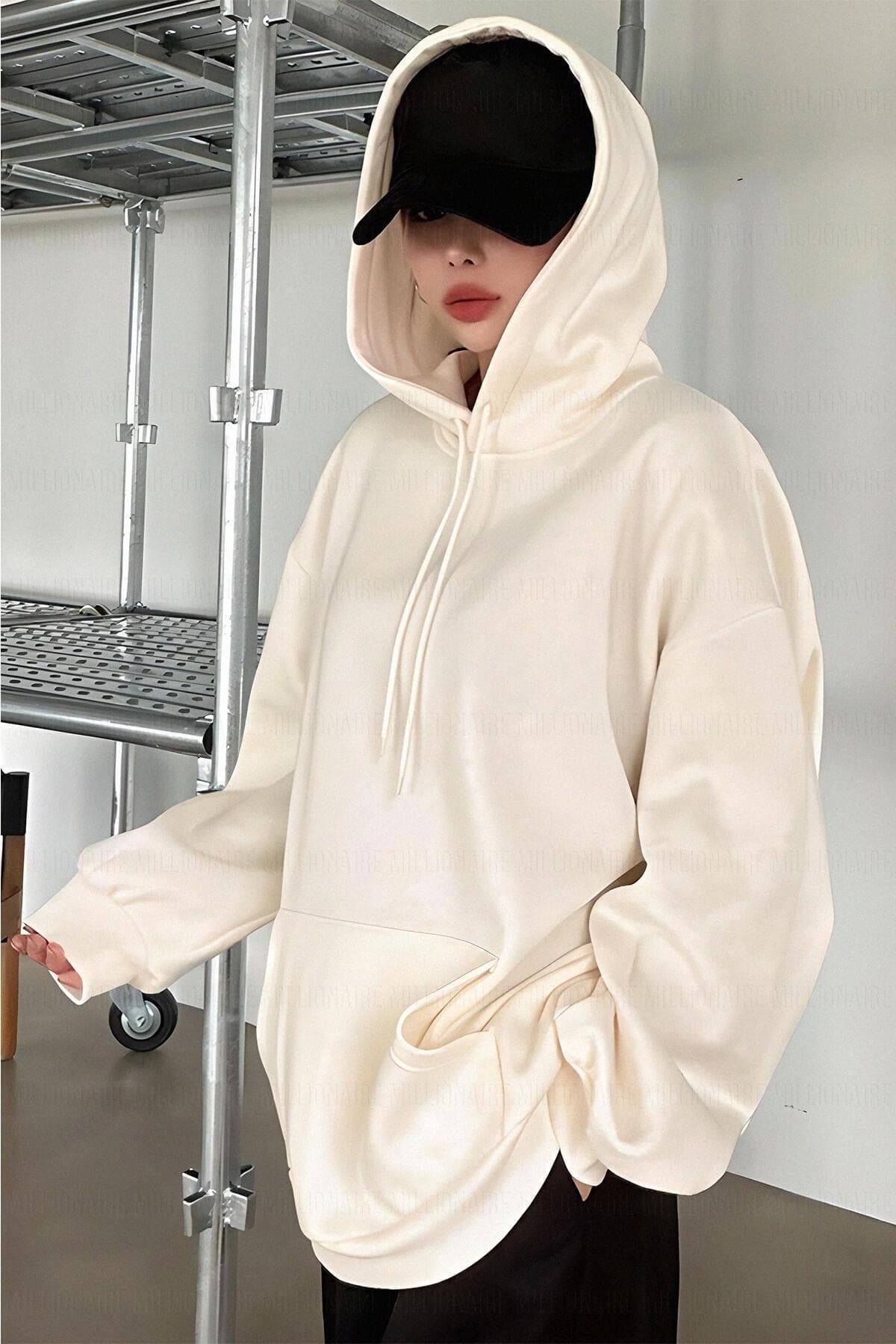 Kadın Kırık Beyaz Krem Ekru Düz Kapüşonlu Oversize 3 iplik Şardonlu Salaş Bol Kesim Hoodie Sweatshirt
