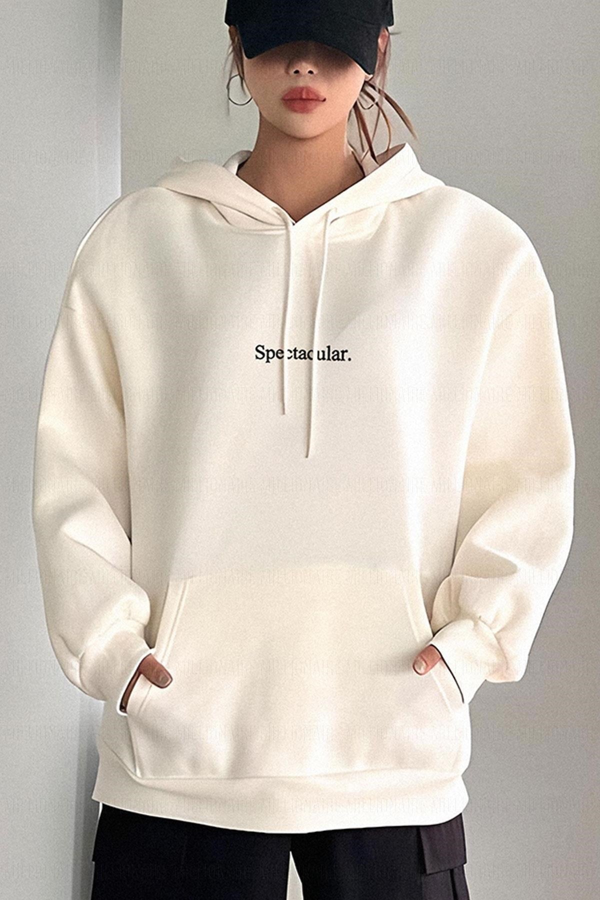 Kadın Kırık Beyaz Krem Ekru Spectacular Baskılı 3 iplik Şardonlu Kapüşonlu Kanguru Cepli Oversize Salaş Hoodie Sweatshirt
