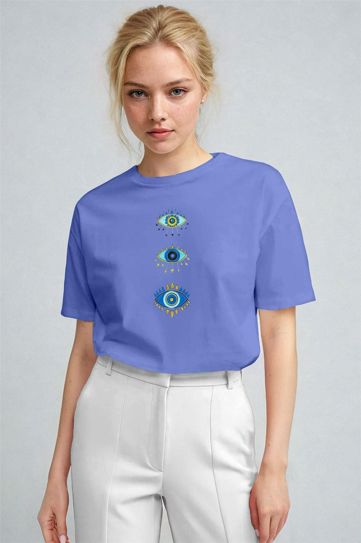 Kadın Koyu Mavi Regular Nazar Göz Baskı Fit Normal Kalıp T-shirt