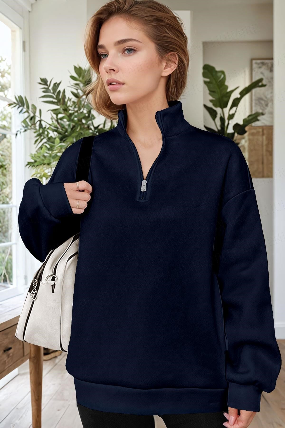 Kadın Lacivert Balıkçı Yaka 3 Iplik Içi Polarlı Şardonlu Oversize Sweatshirt