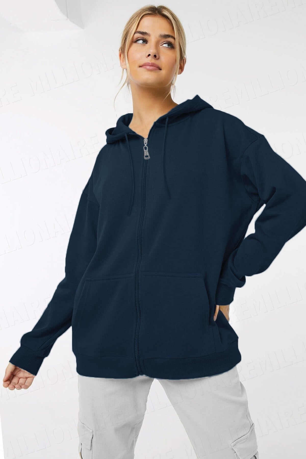 Kadin Lacivert Kapüşonlu Fermuarlı 3 Üç İplik Polar Kanguru Oversize Sweatshirt Zip Up Hoodie