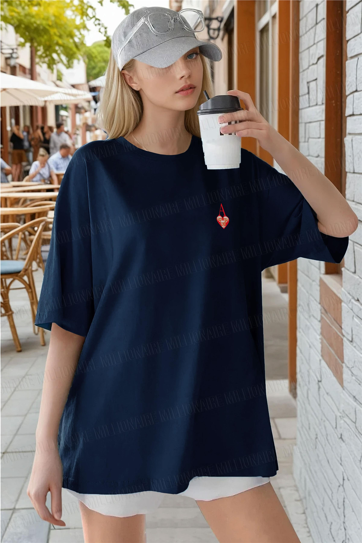 Kadın Lacivert Kupa As Kuru Kafa Oversize Fit Bol Geniş Kalıp Salaş Kesim T-shirt