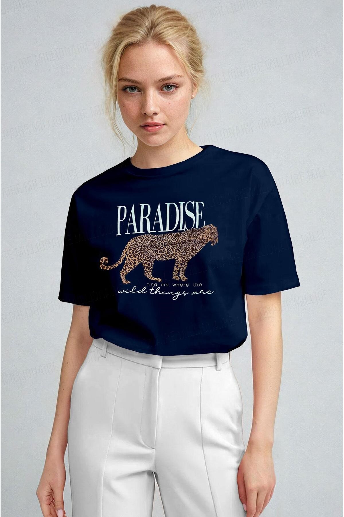 Kadın Lacivert Paradise Leopar Kadın Kısa Kol Relax Fit Rahat Kesim Regular T-shirt