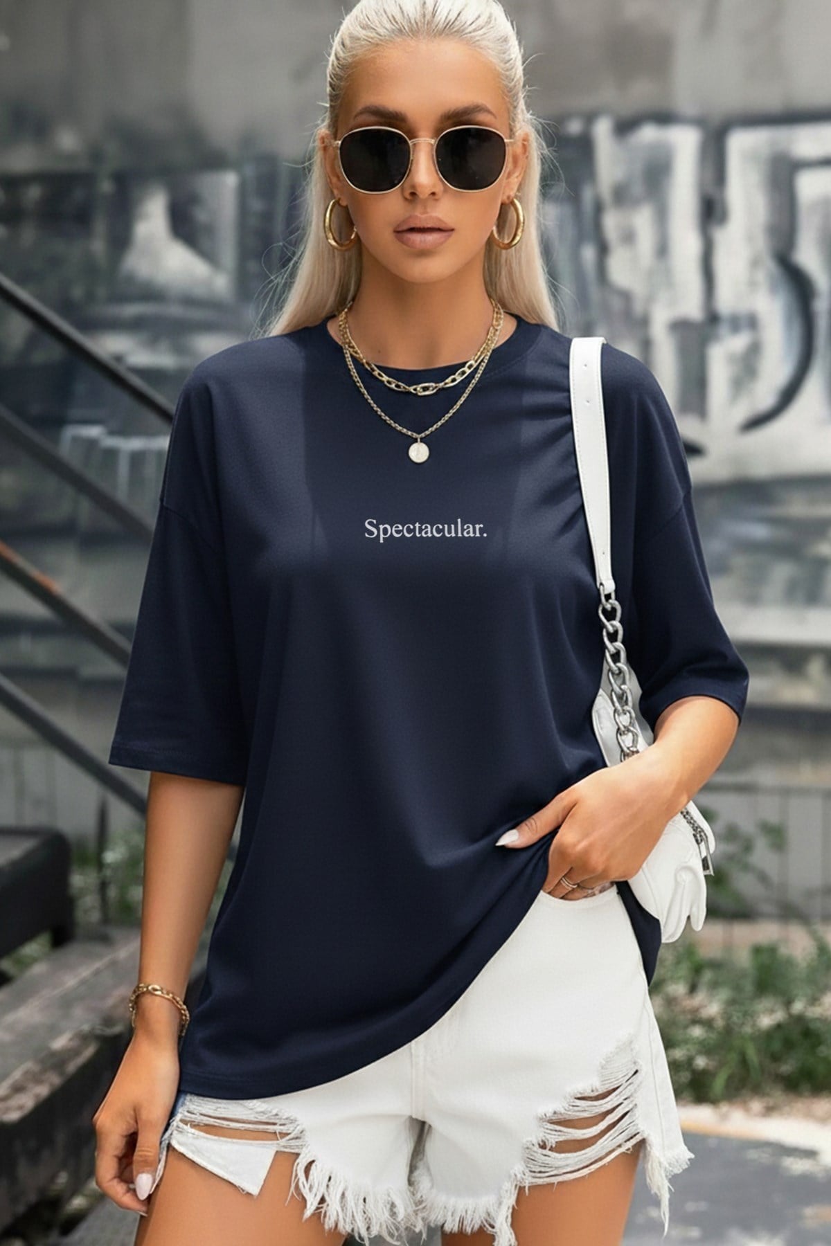 Kadın Lacivert Spectacular Oversize Salas T-Shirt