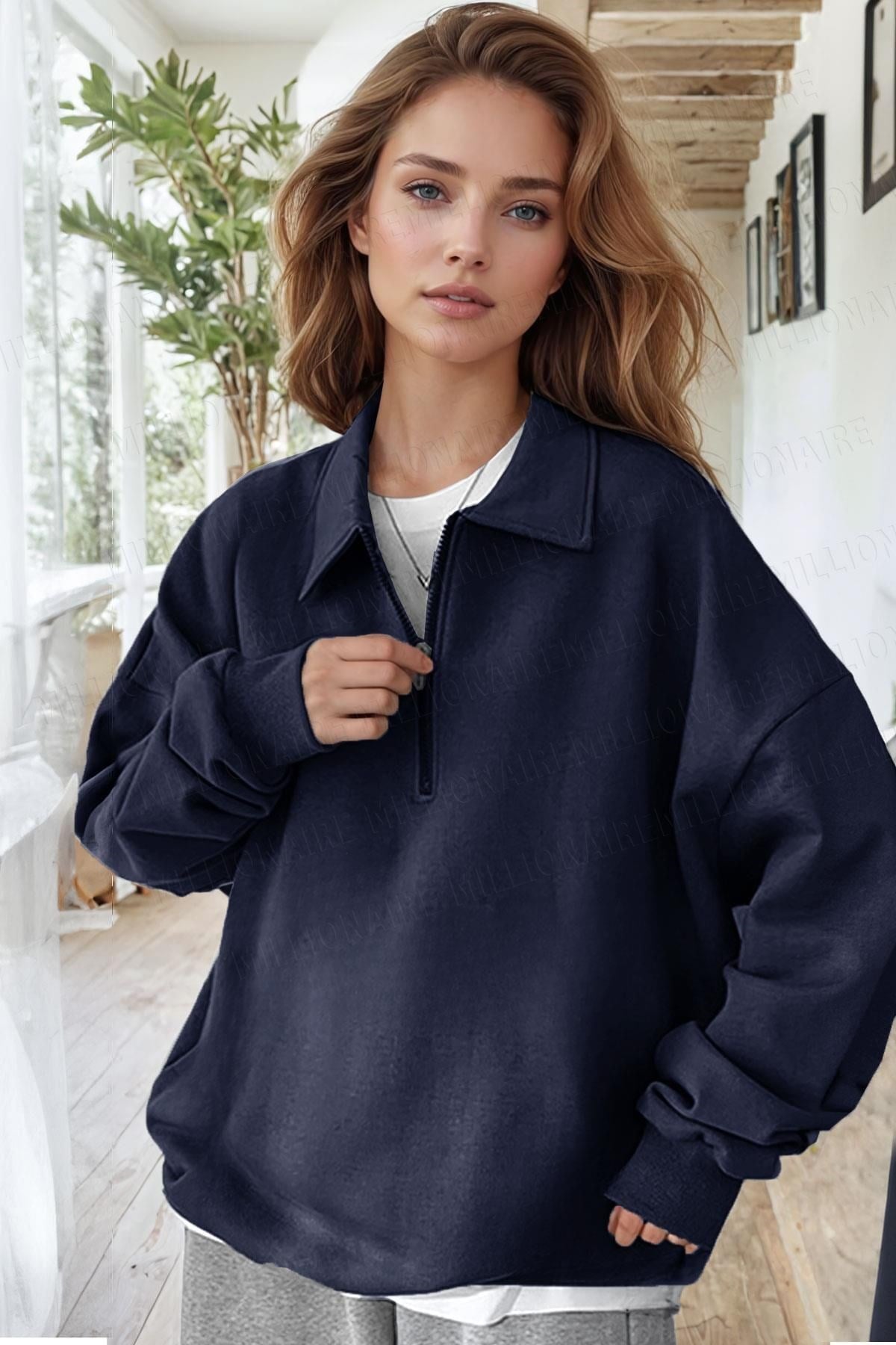 Kadın Lacivert Yarım Fermuar Polo Yaka Oversize Salaş Bol Kesim Polar Sweatshirt