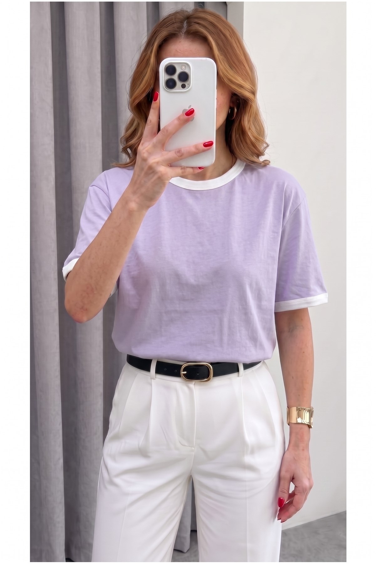 Kadın Lila Beyaz Biye Garnili Orta Kalın Soft Kumaş Bisiklet Yaka Yarım Oversize Salaş T-shirt