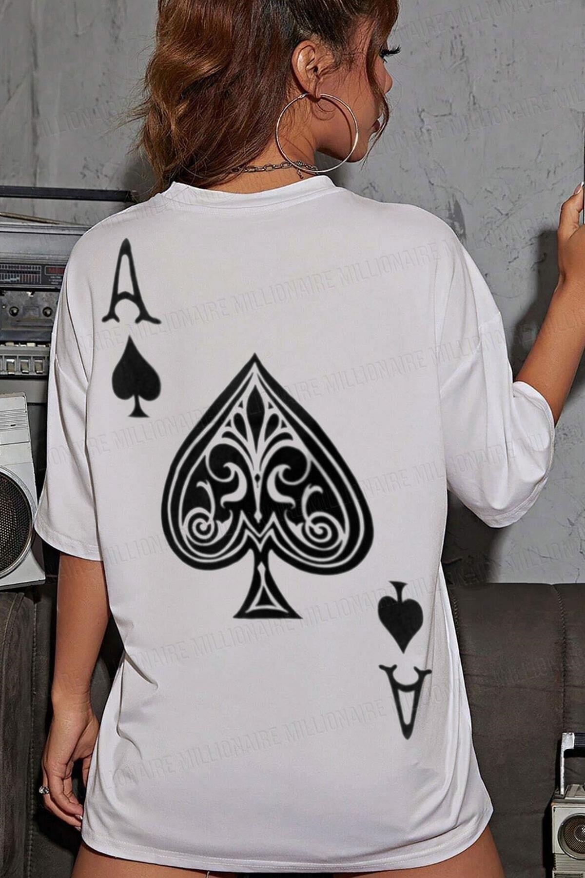 Kadın Maça As Baskılı Beyaz Oversize T-Shirt