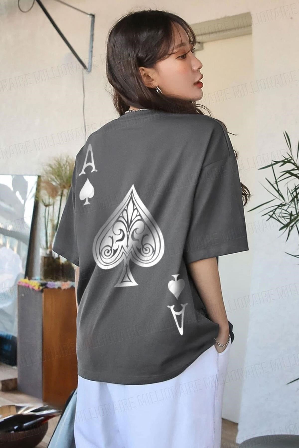Kadın Maça As Baskılı Füme Oversize T-Shirt