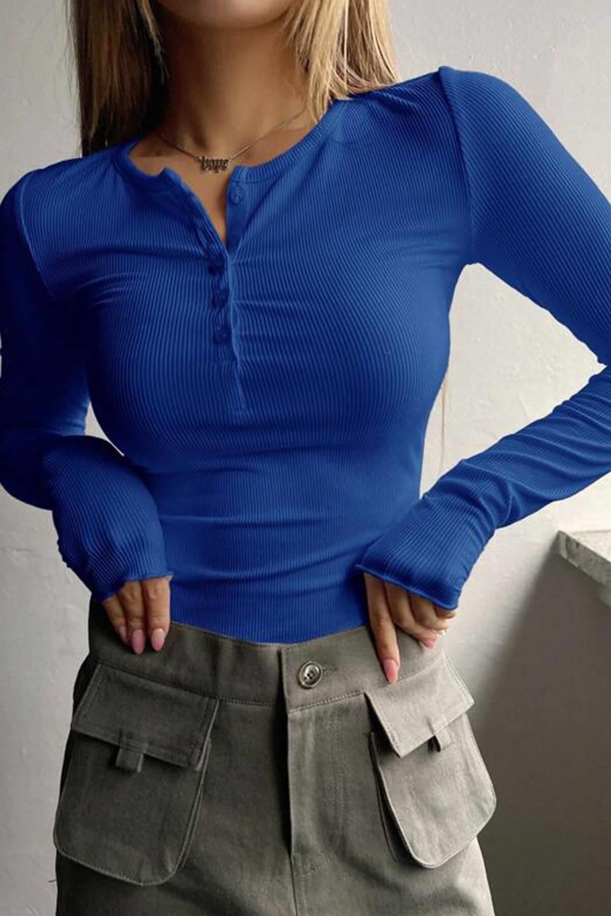 Kadın Mavi Düğme Detaylı Patlı Düğmeli Bisiklet Yaka Uzun Kollu Fitilli Kaşkorse Bluz Body