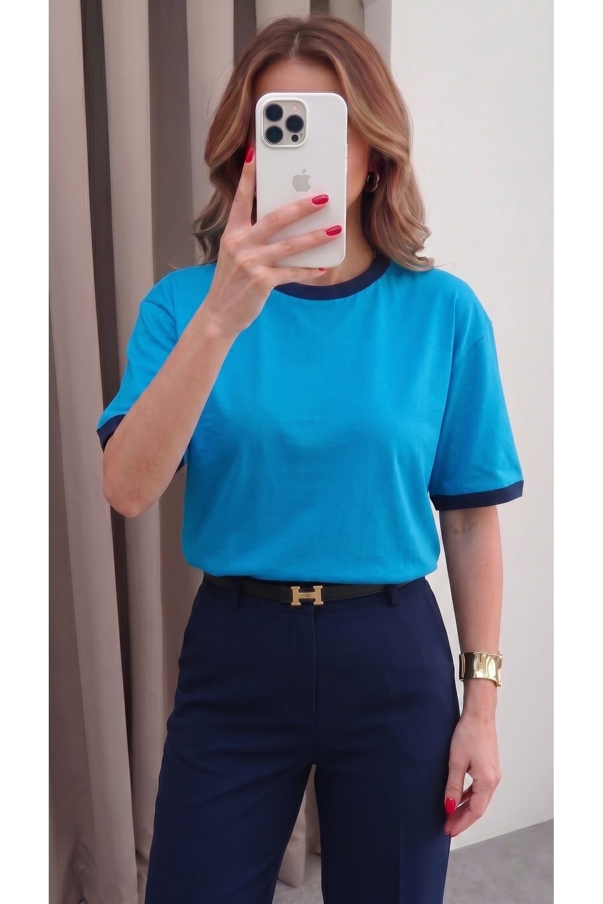 Kadın Mavi Lacivert Biye Garnili Orta Kalın Kumaş Bisiklet Yaka Yarım Oversize Salaş T-shirt