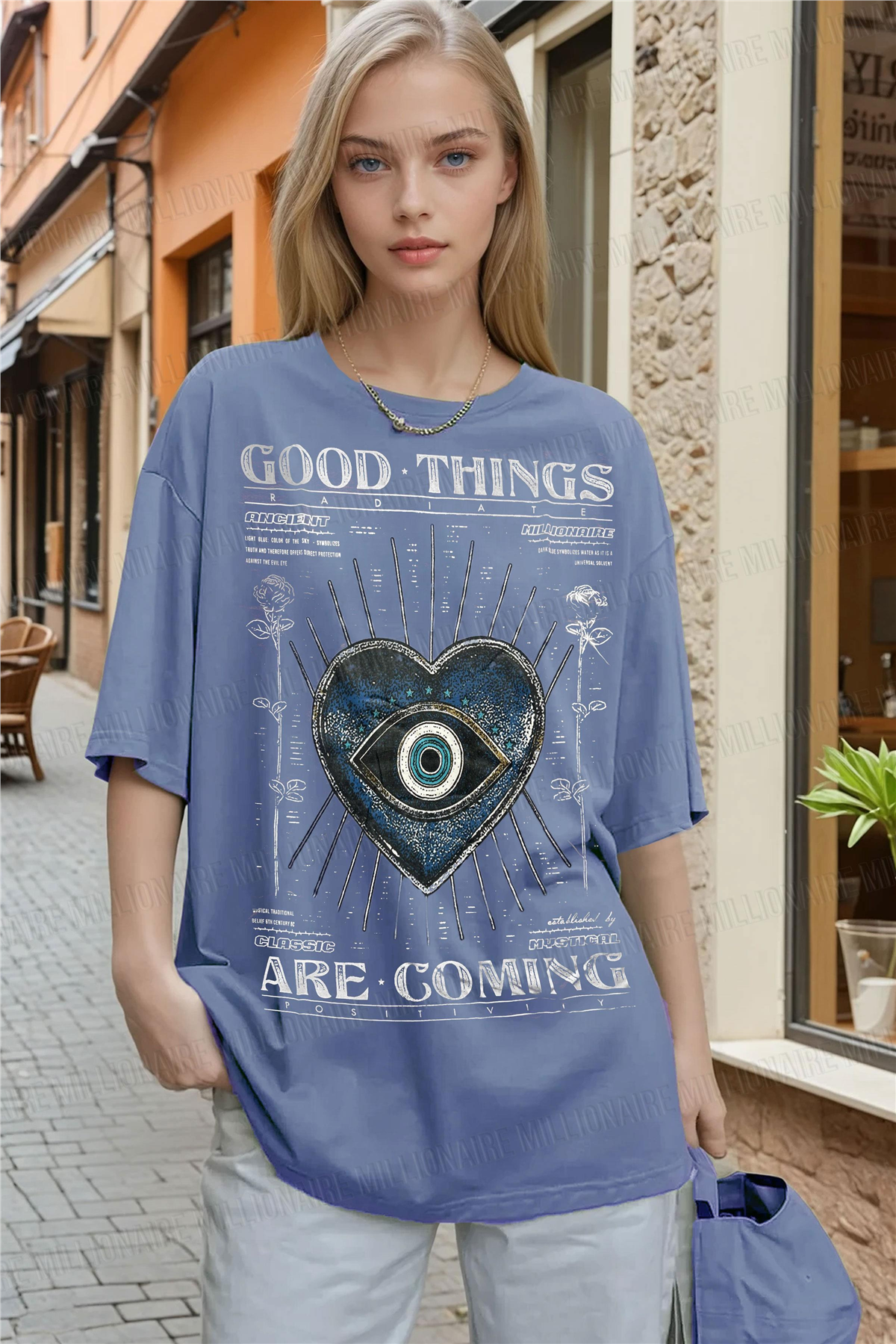 Kadın Mavi Nazar Baskılı Oversize Fit Bol Geniş Kalıp Salaş Kesim T-shirt