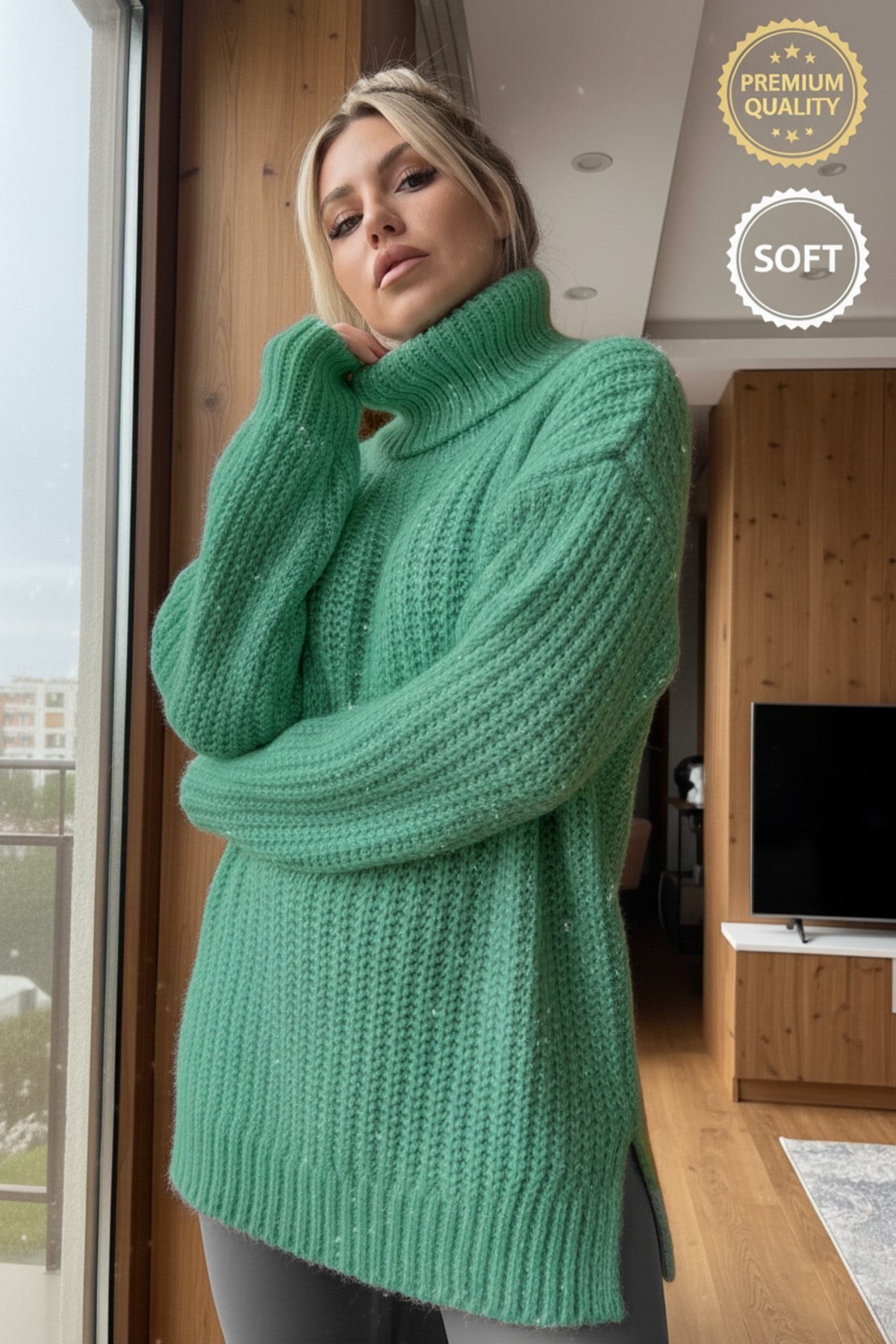 Kadın Mint Su Yeşil Kalın İp Kalın Örgü Tam Balıkçı Boğazlı Yaka Yırtmaçlı Tunik Triko Kazak