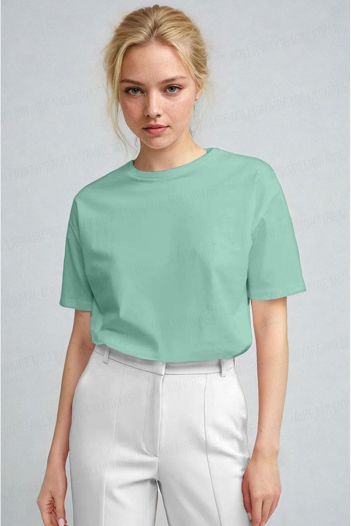 Kadın Mint Yeşili Nefes Alan Bisiklet Yaka Regular Fit Normal Kesim Baskisiz Basic T-Shirt