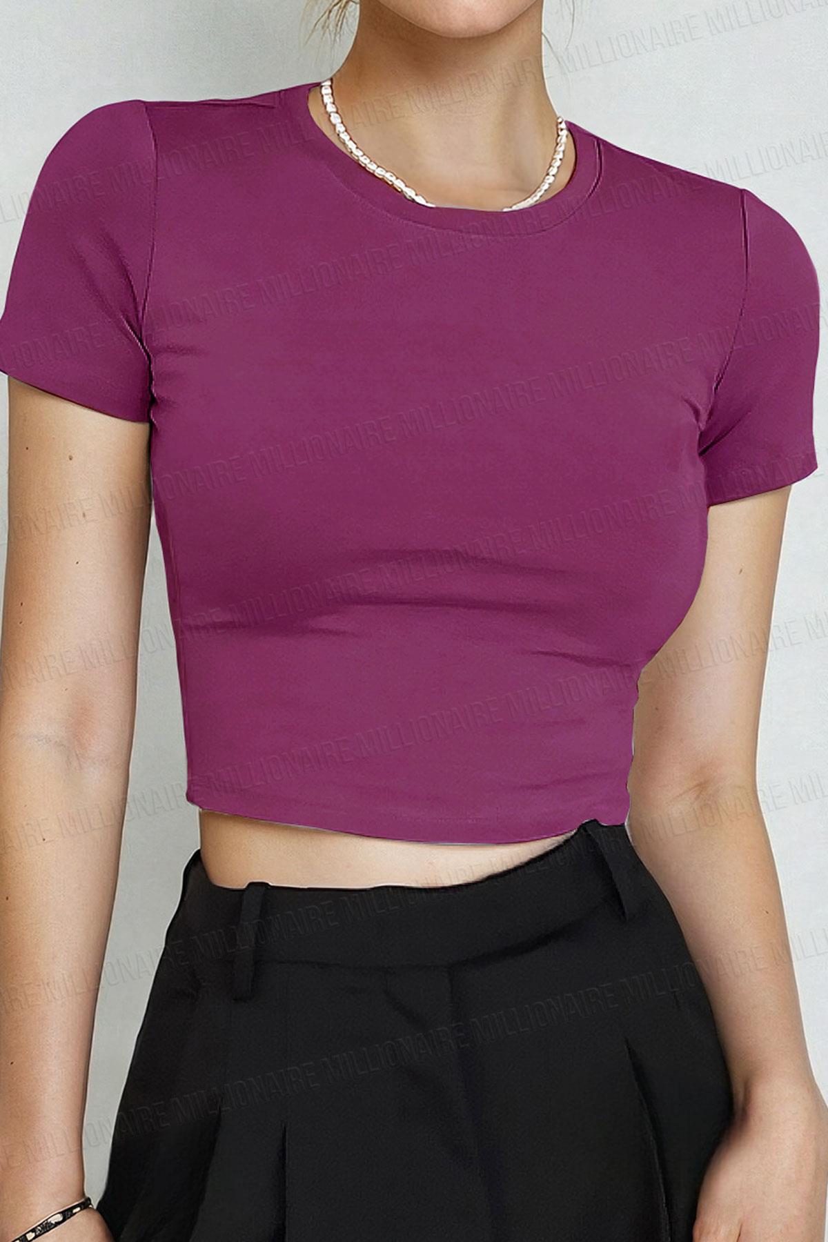 Kadın Mürdüm Bisiklet Yaka Likralı Kısa Kol Body Crop Bluz